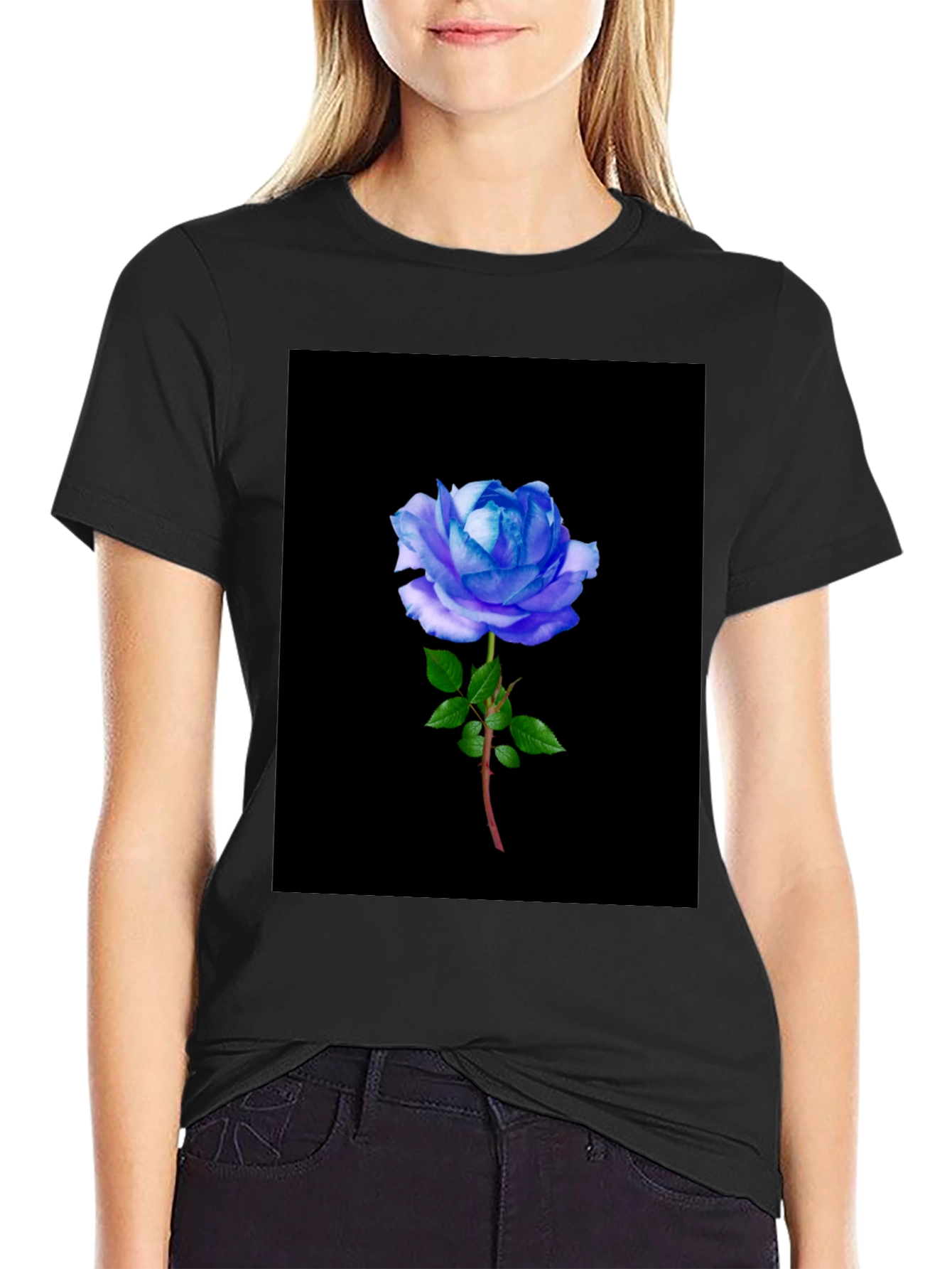 Black T-Shirt with Blue Rose Graphic