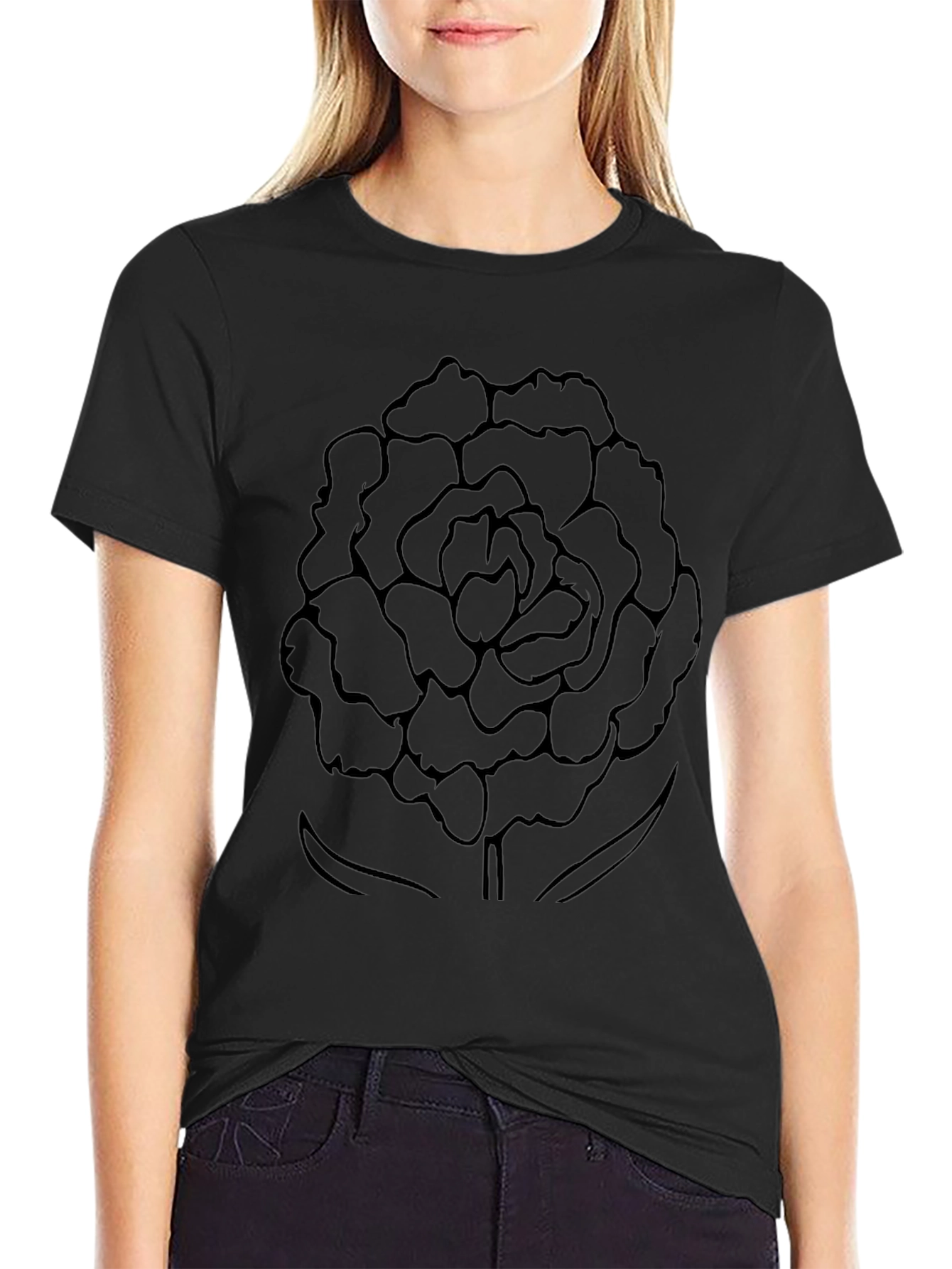 Black T-Shirt with Floral Outline