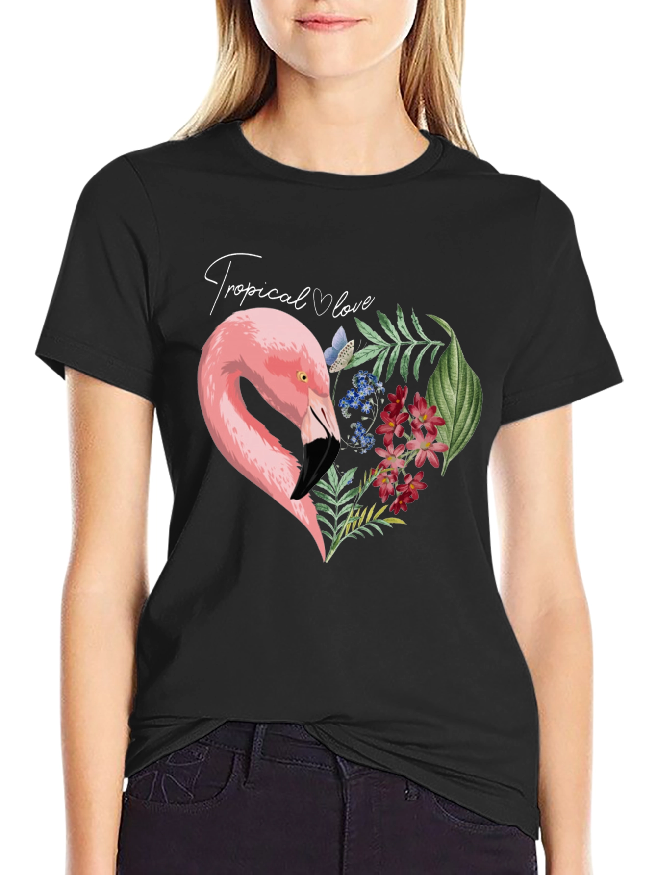 Tropical Flamingo Heart Graphic Tee - Black
