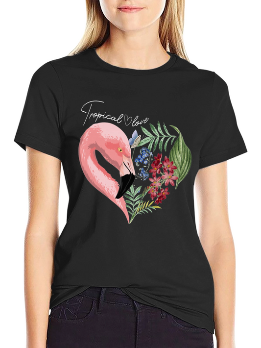 Tropical Flamingo Heart Graphic Tee - Black
