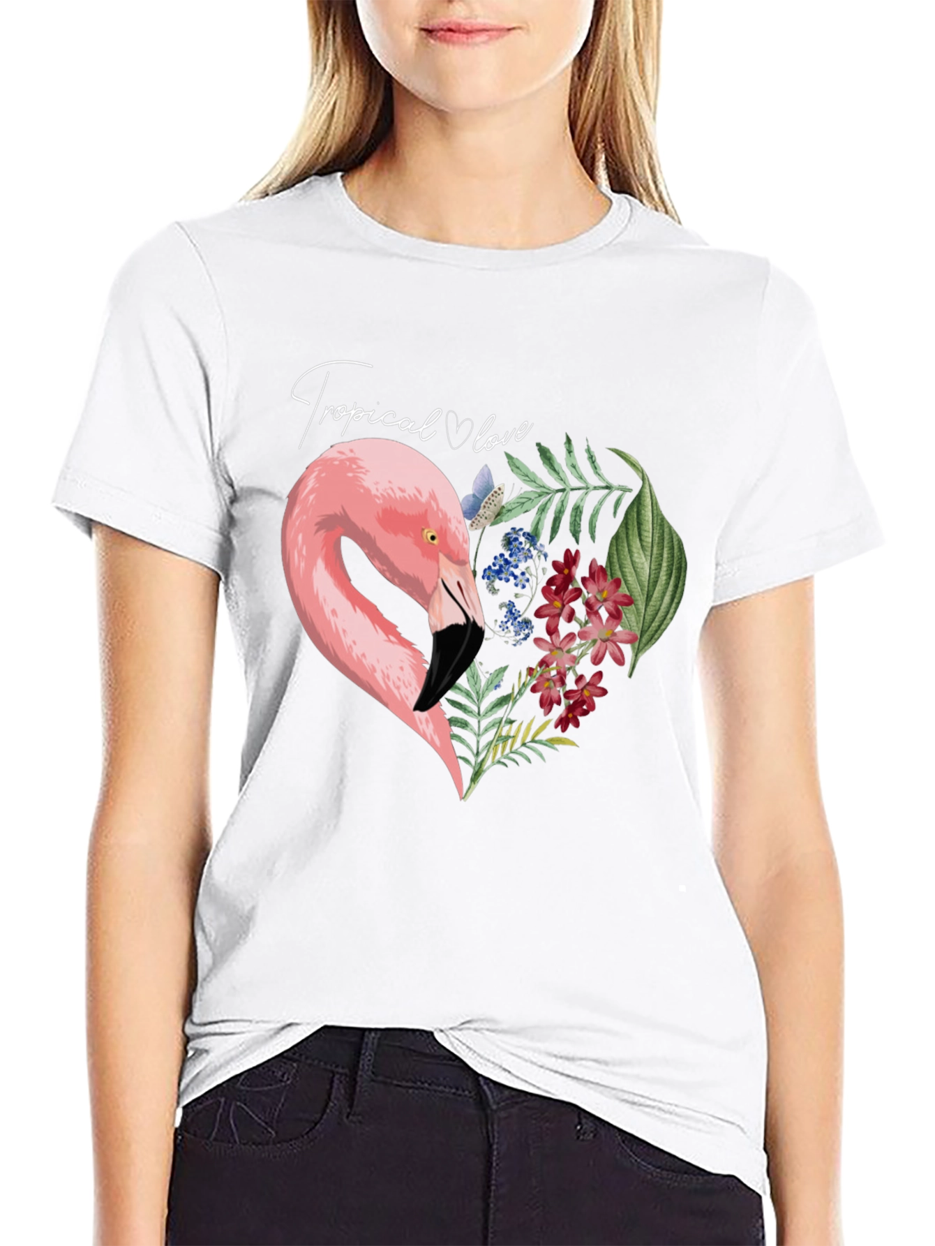 Tropical Flamingo Heart Graphic Tee - Black