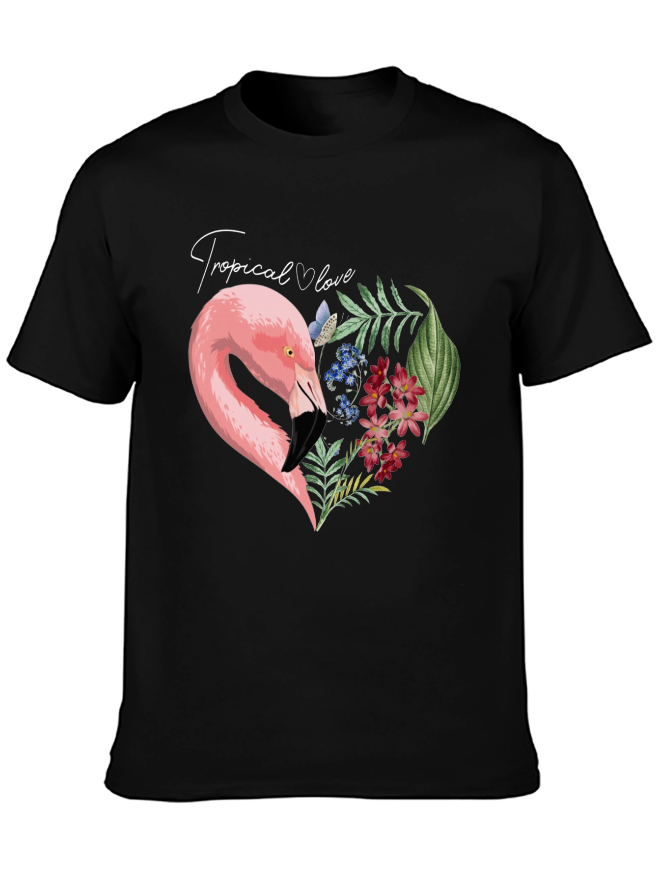 Tropical Flamingo Heart Graphic Tee - Black