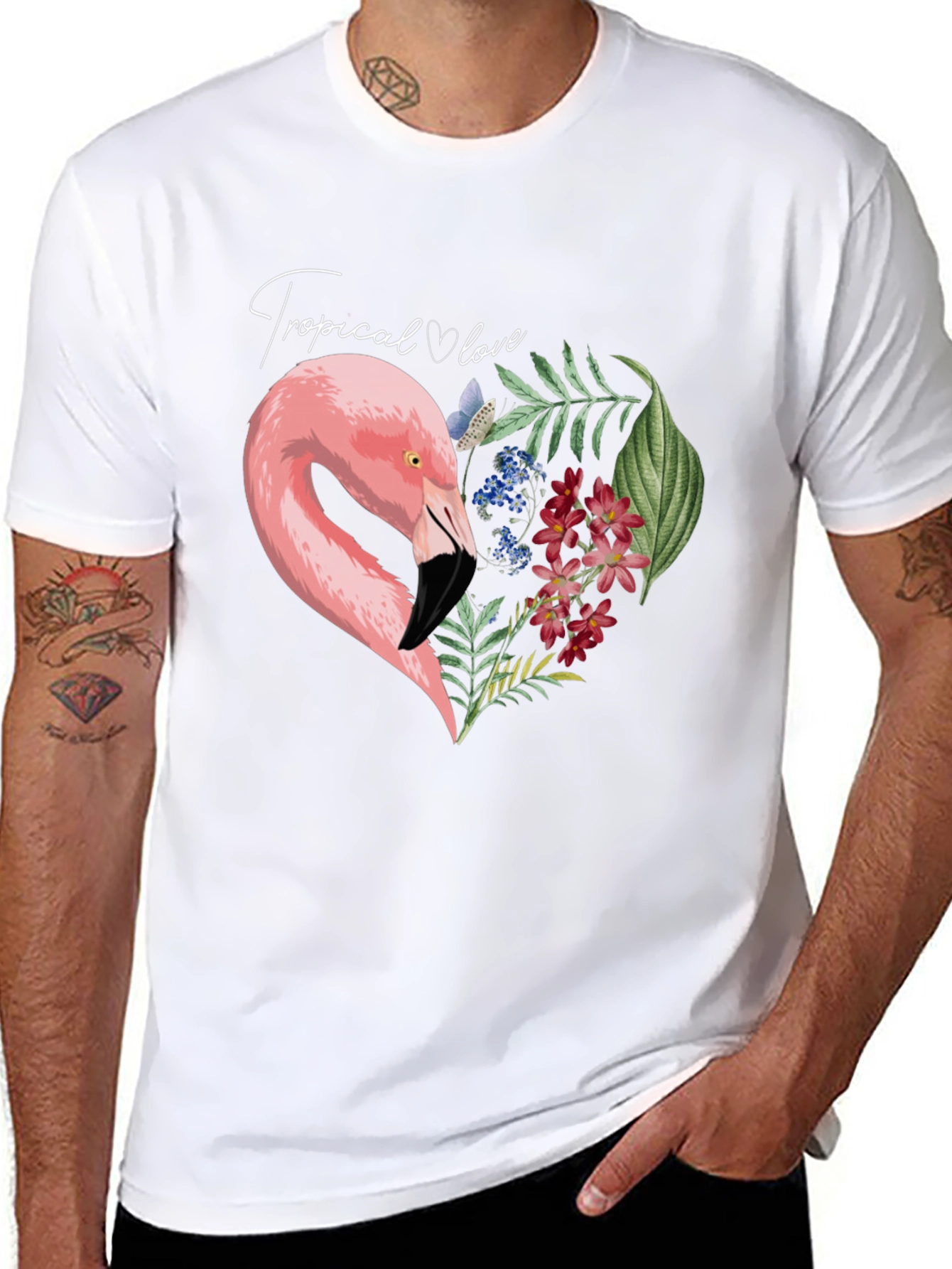 Tropical Flamingo Heart Graphic Tee - Black