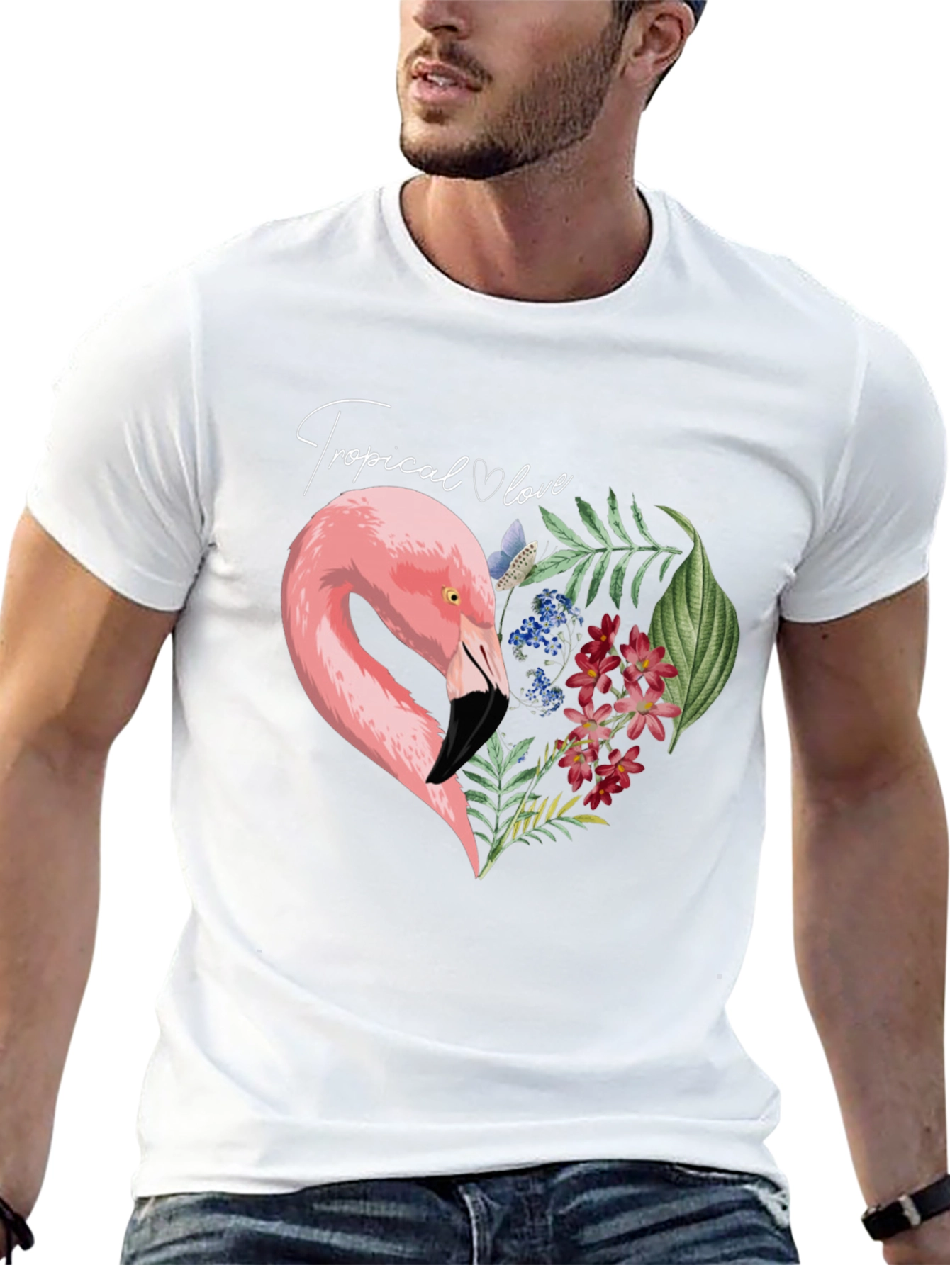 Tropical Flamingo Heart Graphic Tee - Black