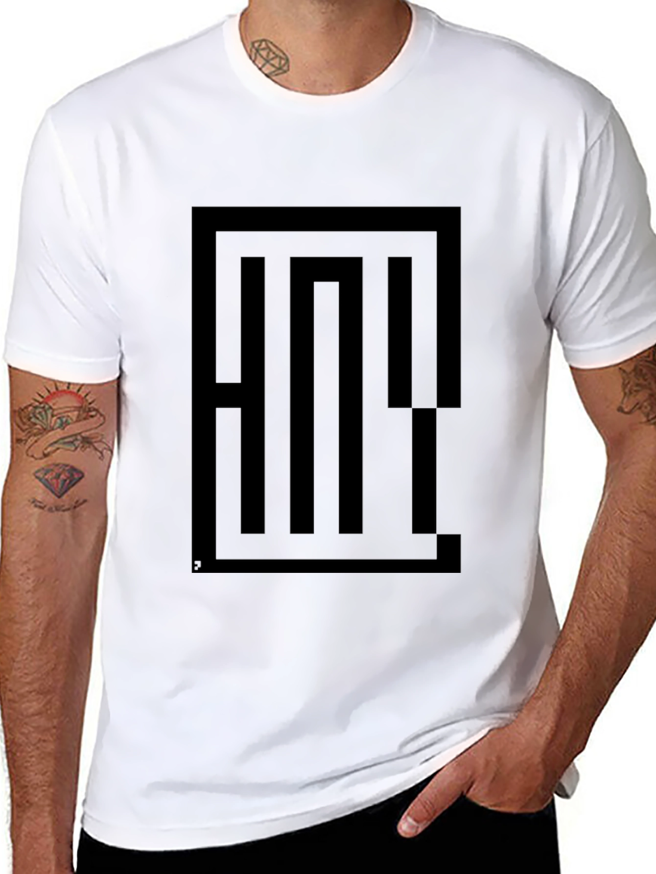 Geometric Maze Graphic Tee - Black Cotton Blend