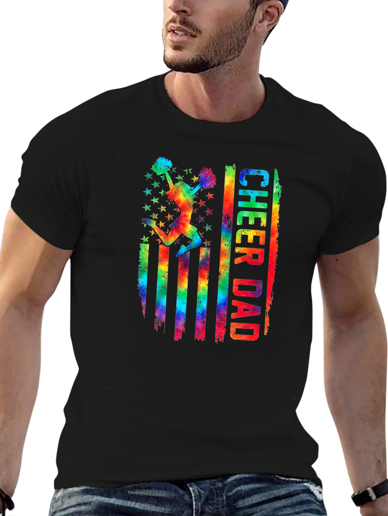 Cheer Dad T-Shirt - Rainbow USA Flag Graphic