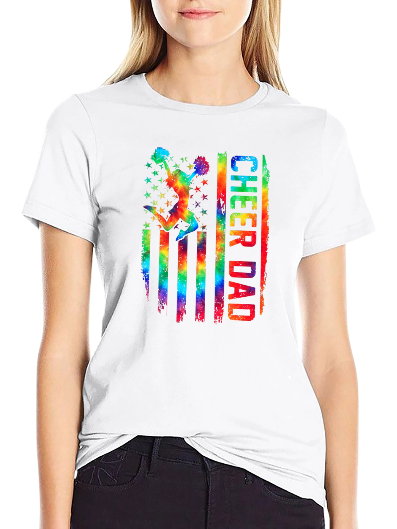 Cheer Dad T-Shirt - Rainbow USA Flag Graphic