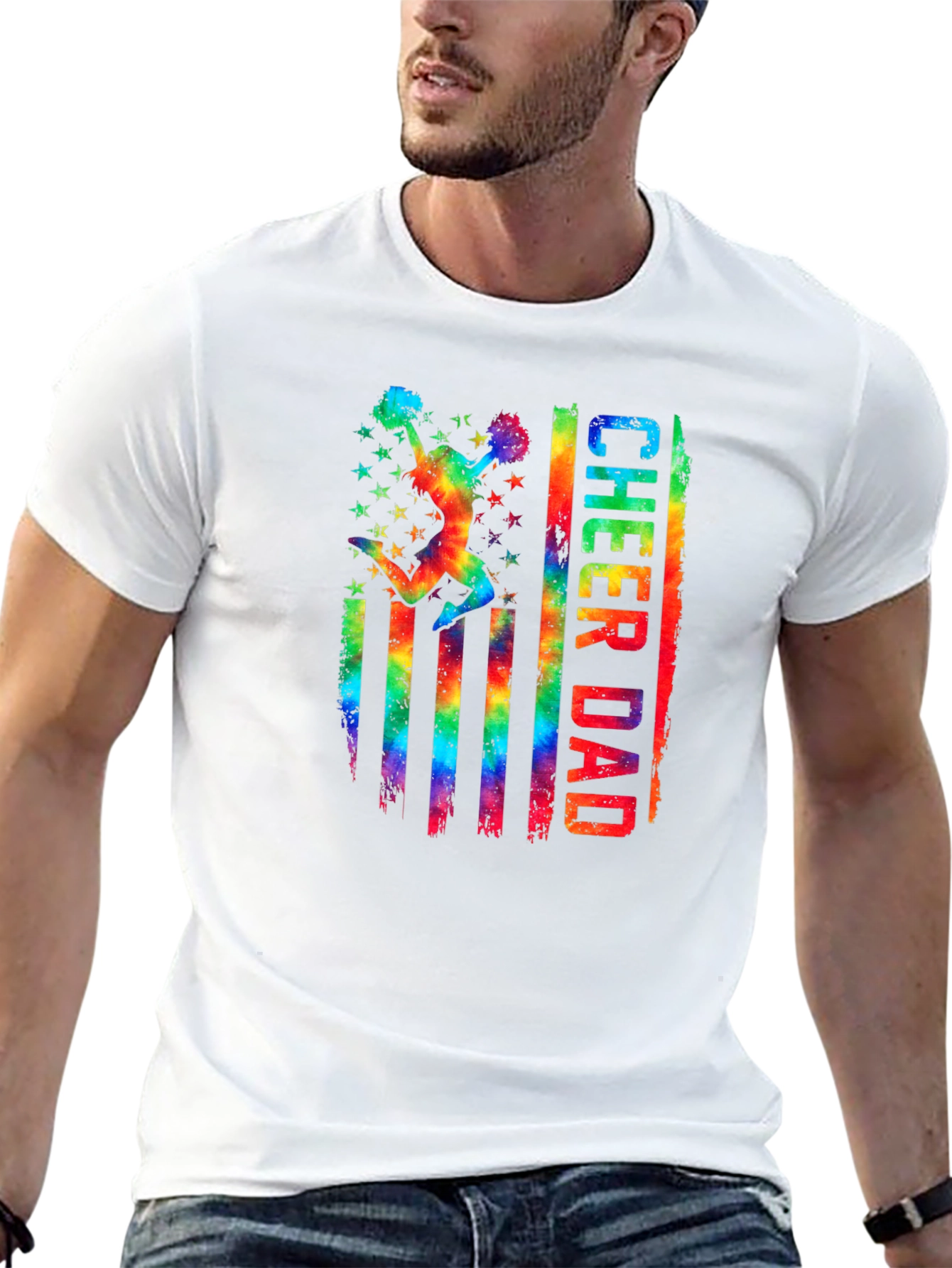 Cheer Dad T-Shirt - Rainbow USA Flag Graphic