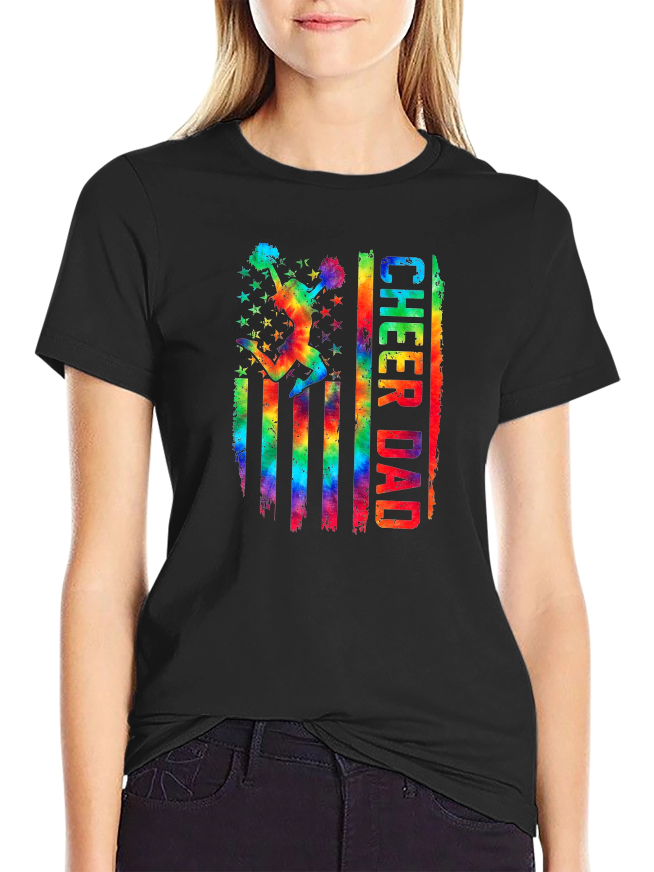 Cheer Dad T-Shirt - Rainbow USA Flag Graphic