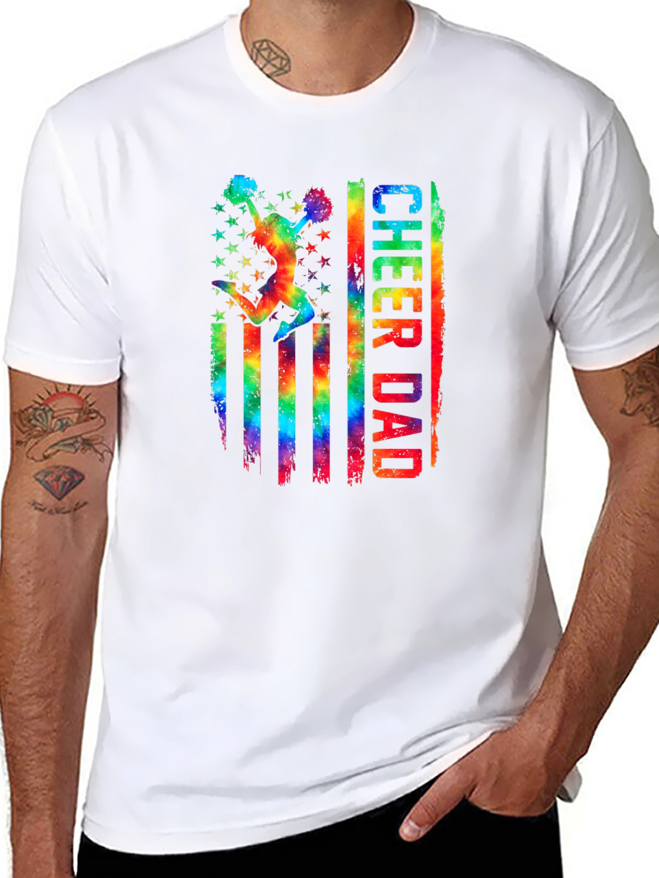 Cheer Dad T-Shirt - Rainbow USA Flag Graphic
