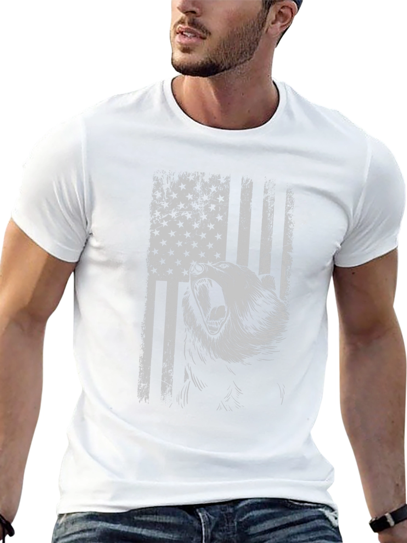 Grizzly Bear American Flag Graphic T-Shirt