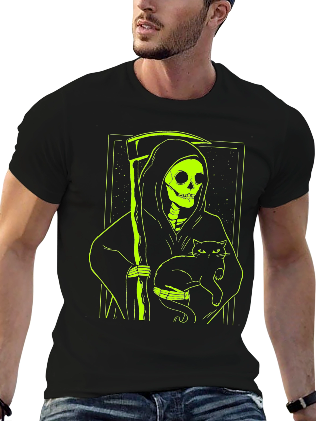 Grim Reaper Cat T-Shirt - Neon Green Graphic