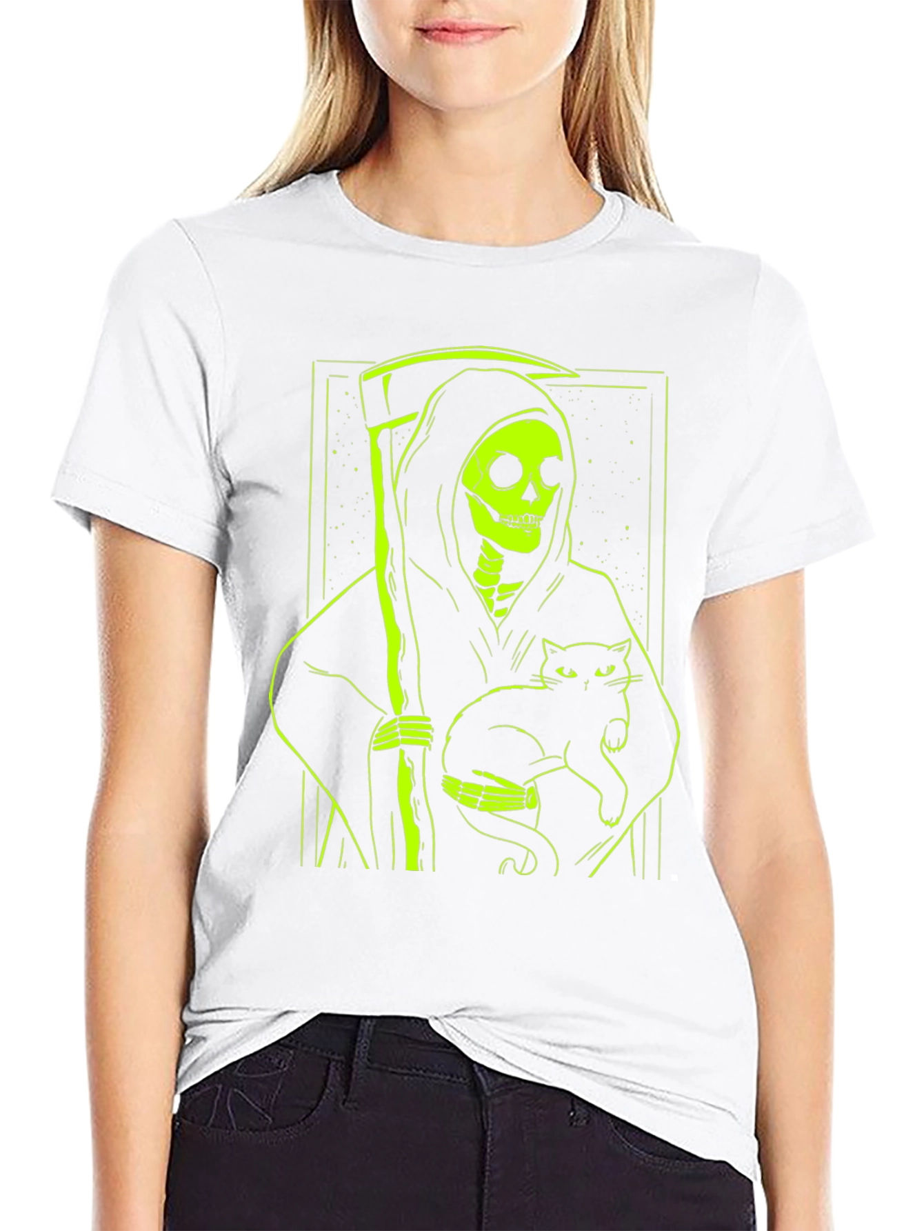 Grim Reaper Cat T-Shirt - Neon Green Graphic