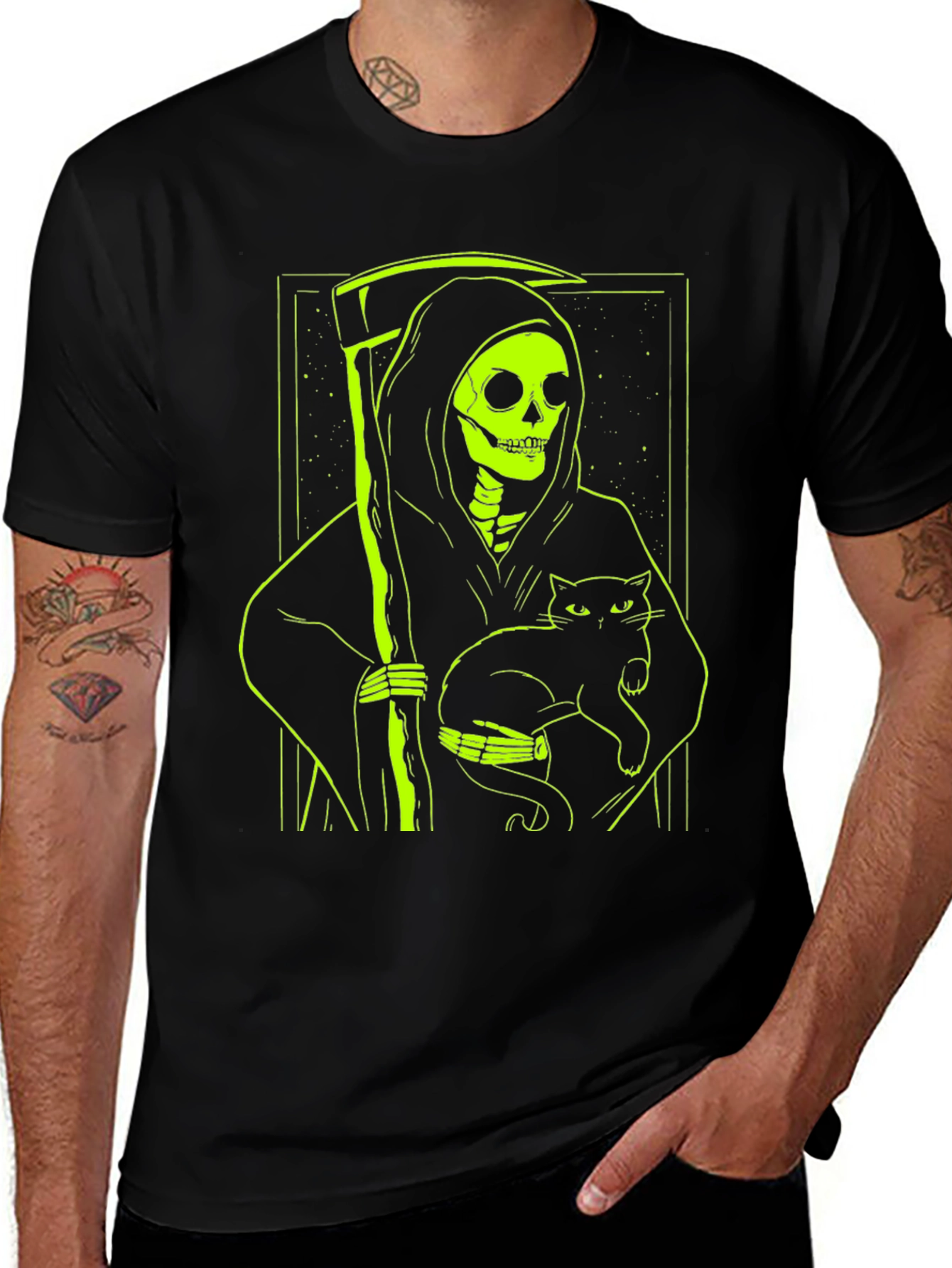 Grim Reaper Cat T-Shirt - Neon Green Graphic