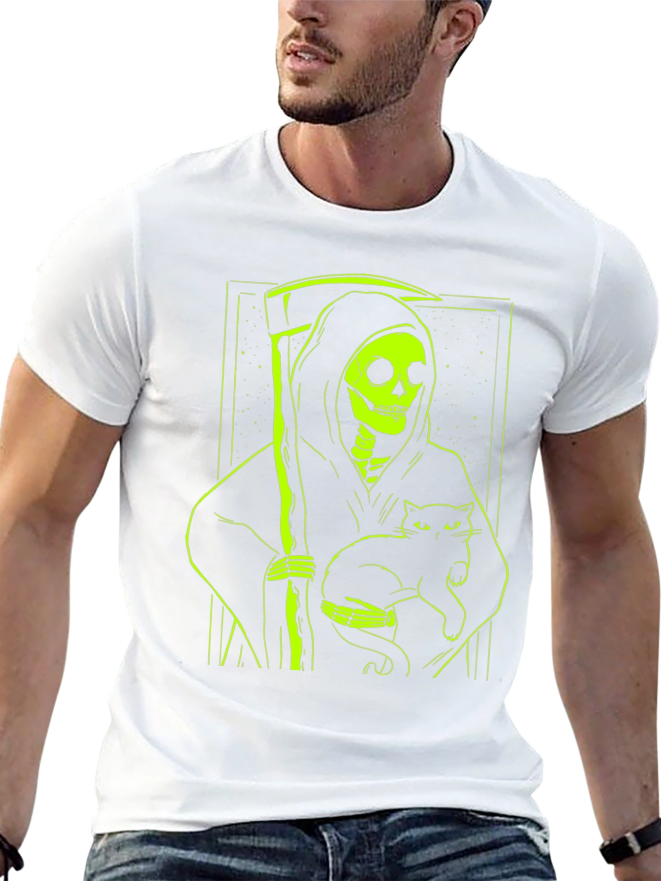 Grim Reaper Cat T-Shirt - Neon Green Graphic