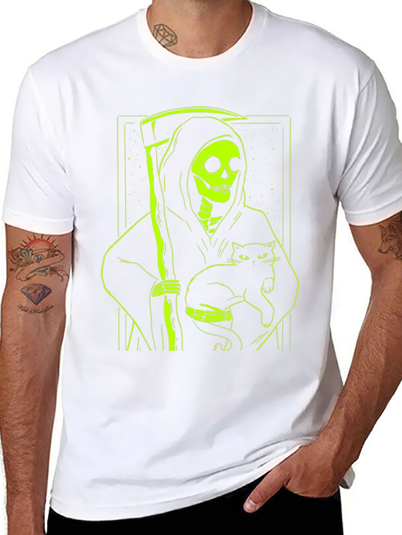 Grim Reaper Cat T-Shirt - Neon Green Graphic