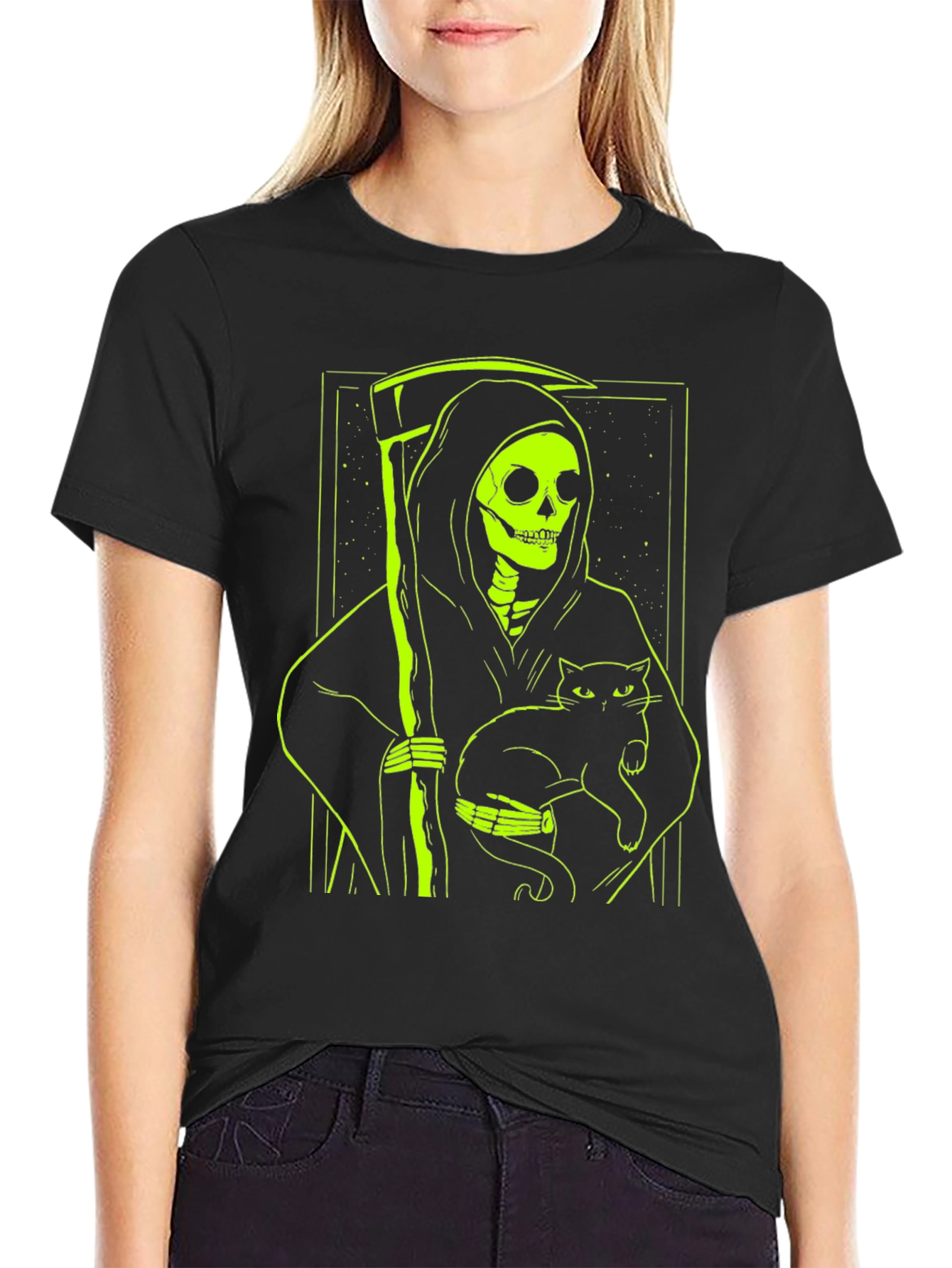 Grim Reaper Cat T-Shirt - Neon Green Graphic