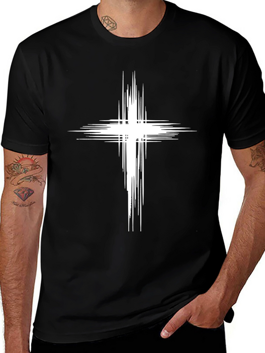 Mens Black T-Shirt with White Abstract Cross Design