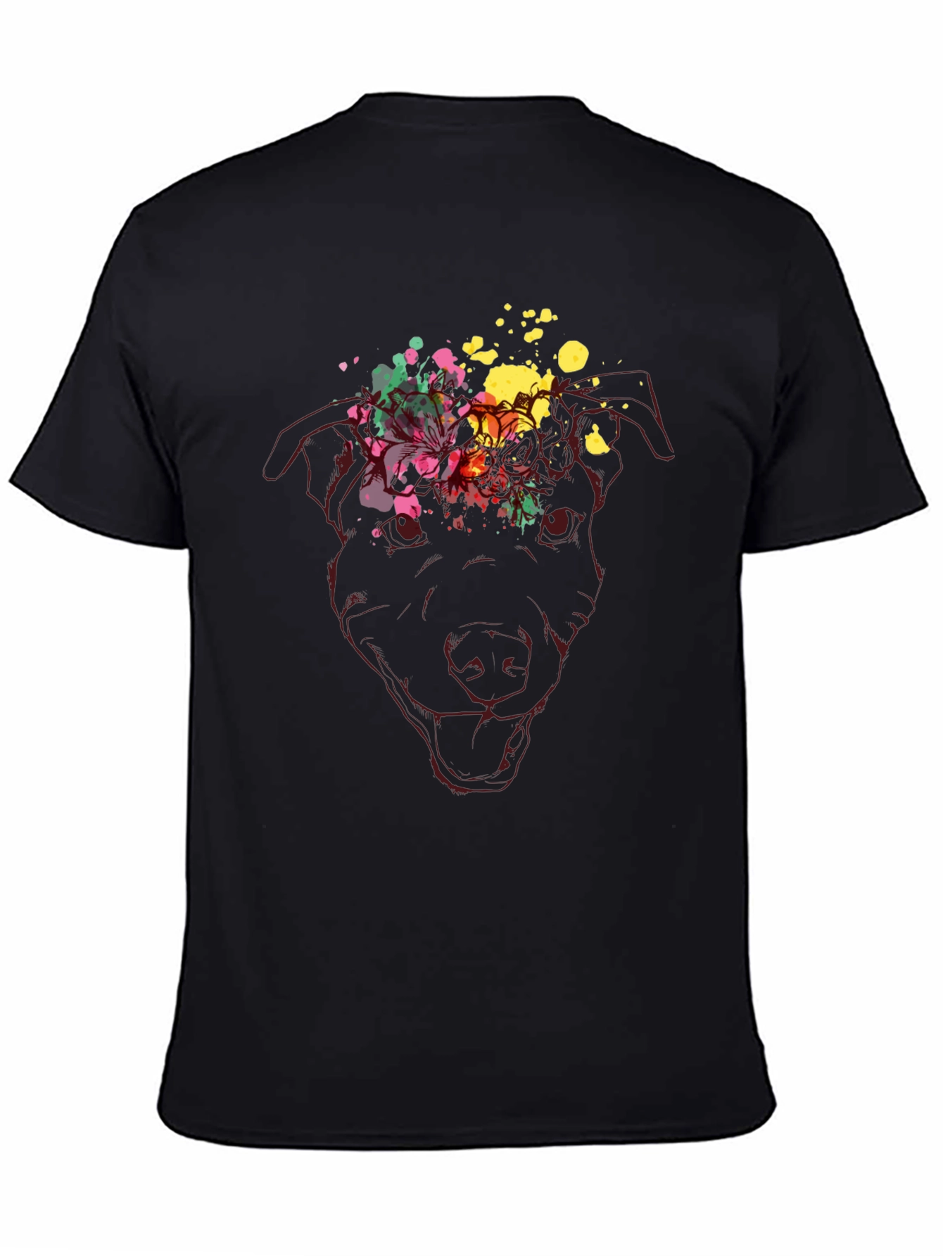 Dog Head Floral Splash Graphic Tee - Black