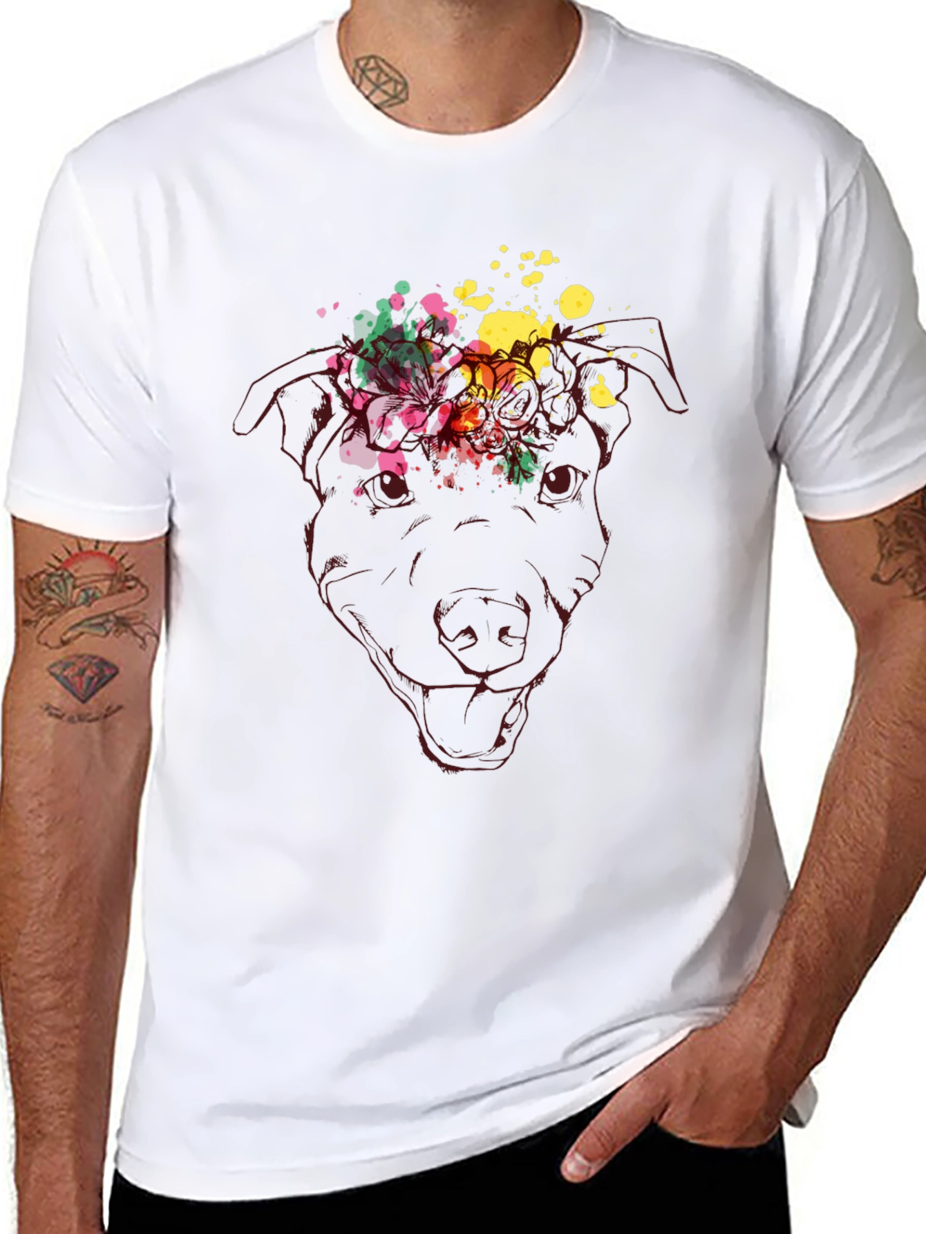 Dog Head Floral Splash Graphic Tee - Black