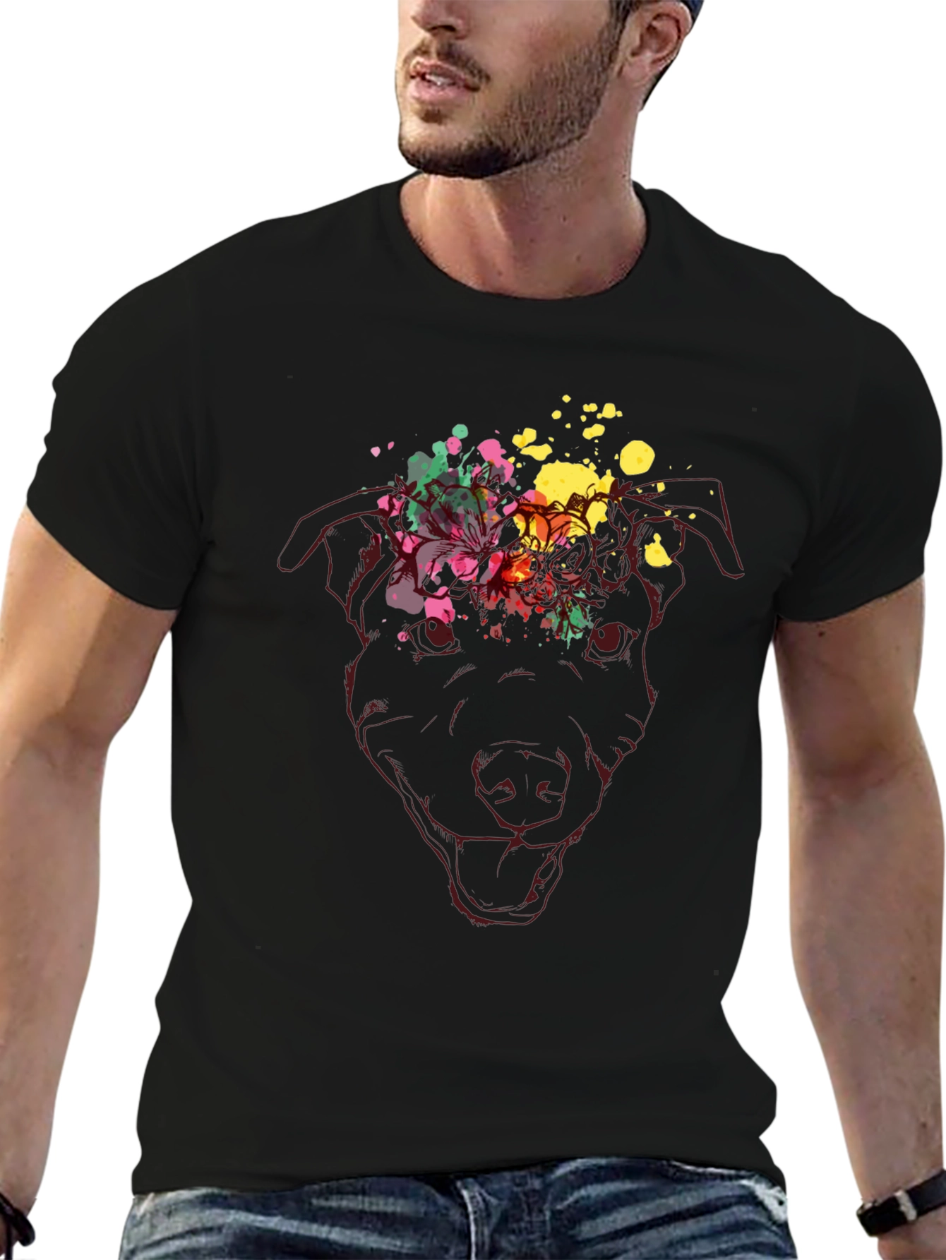 Dog Head Floral Splash Graphic Tee - Black