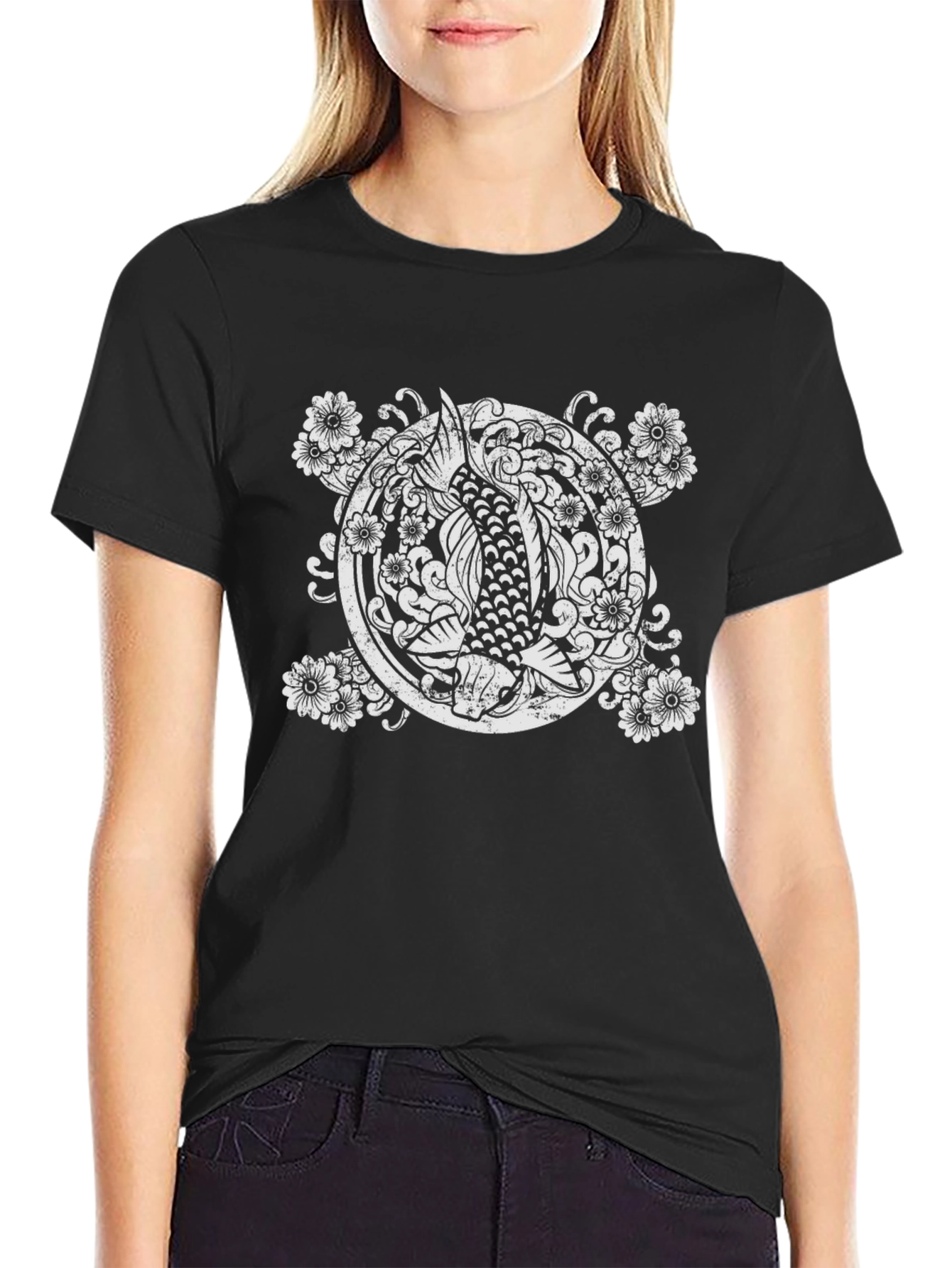 Koi Fish Graphic Tee - Black Cotton Casual Shirt