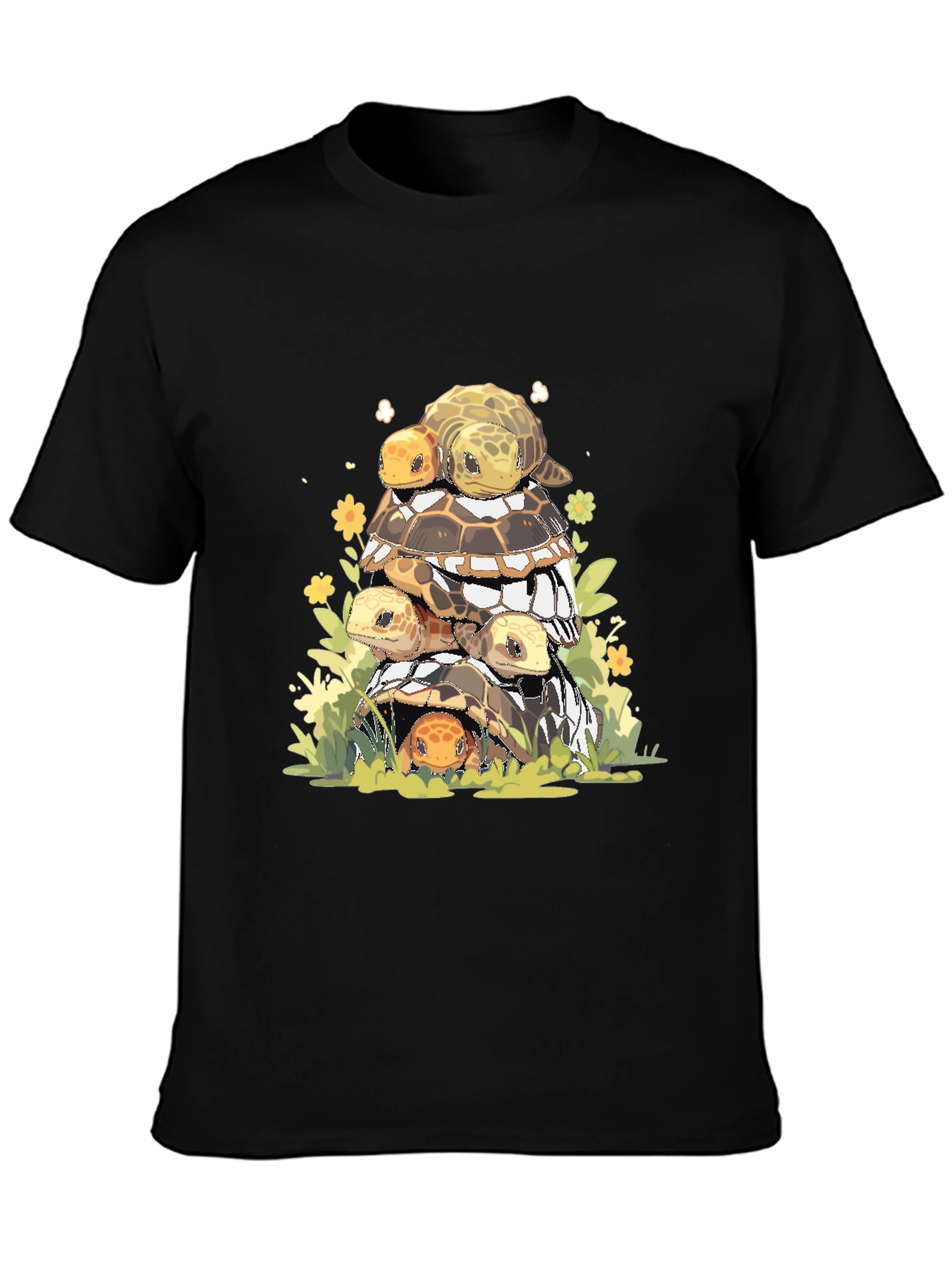 Stacked Turtles Graphic Tee - Black Cotton T-Shirt
