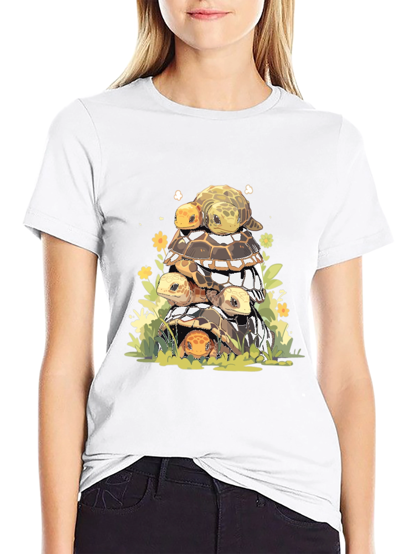 Stacked Turtles Graphic Tee - Black Cotton T-Shirt