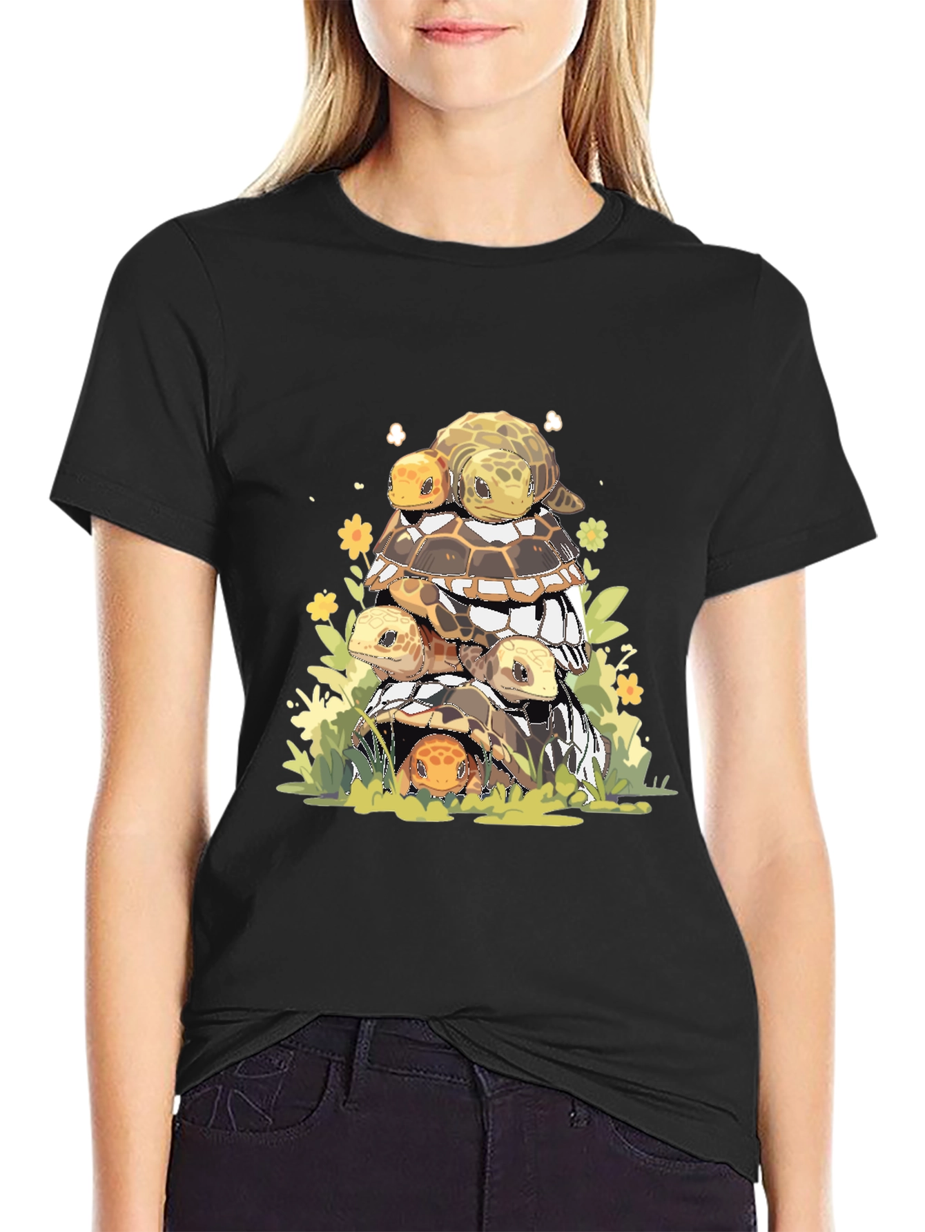 Stacked Turtles Graphic Tee - Black Cotton T-Shirt