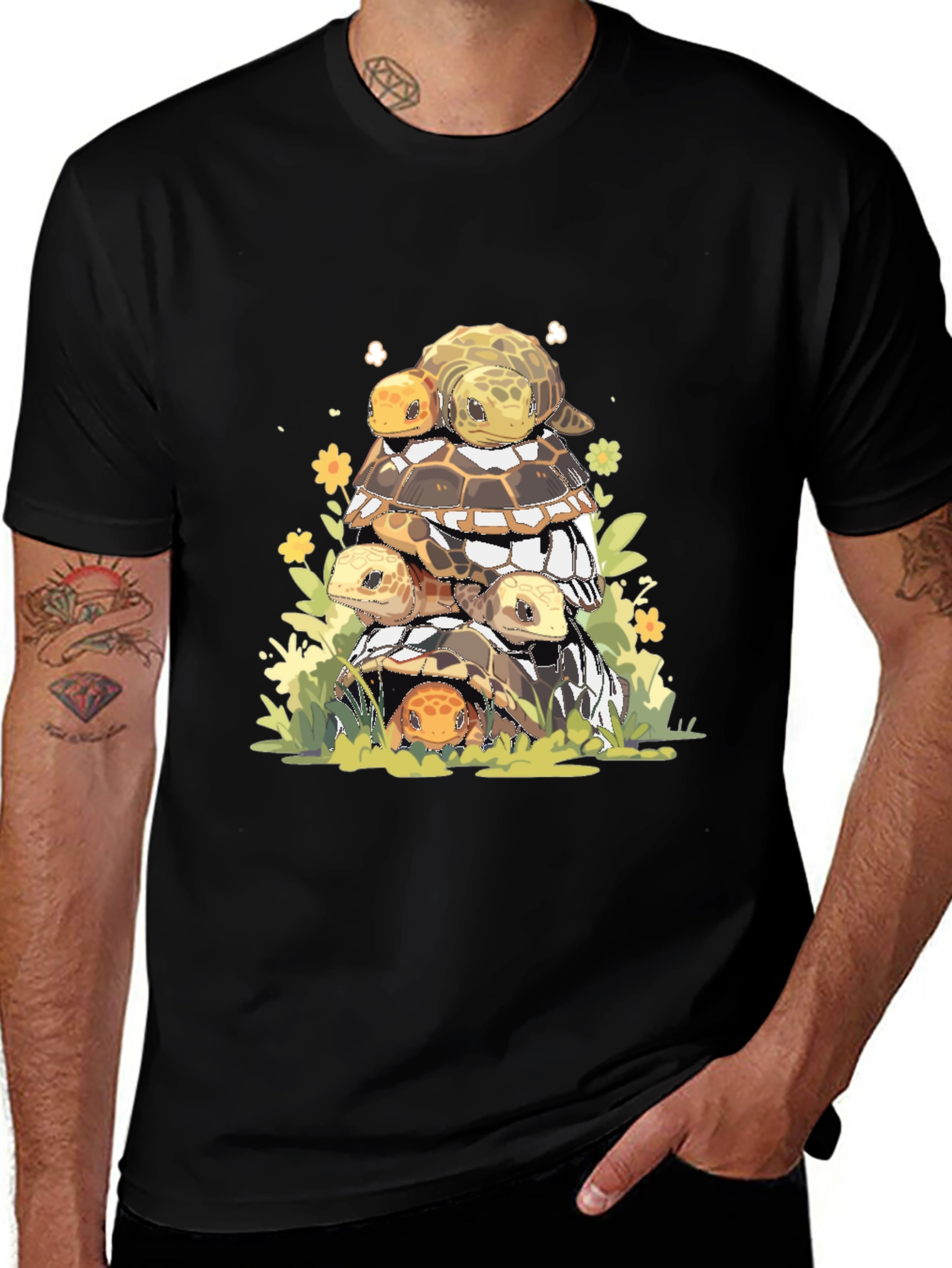 Stacked Turtles Graphic Tee - Black Cotton T-Shirt