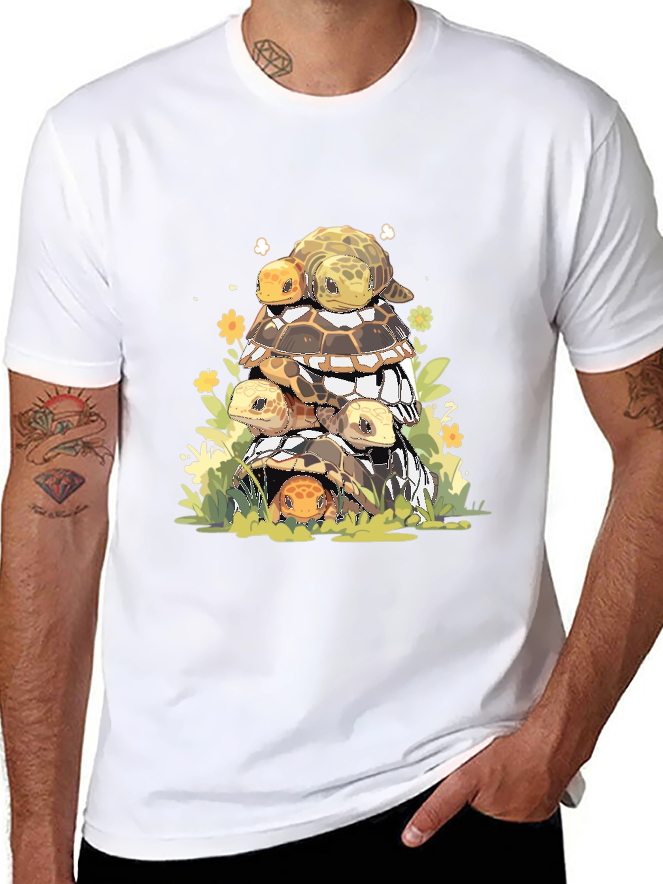 Stacked Turtles Graphic Tee - Black Cotton T-Shirt
