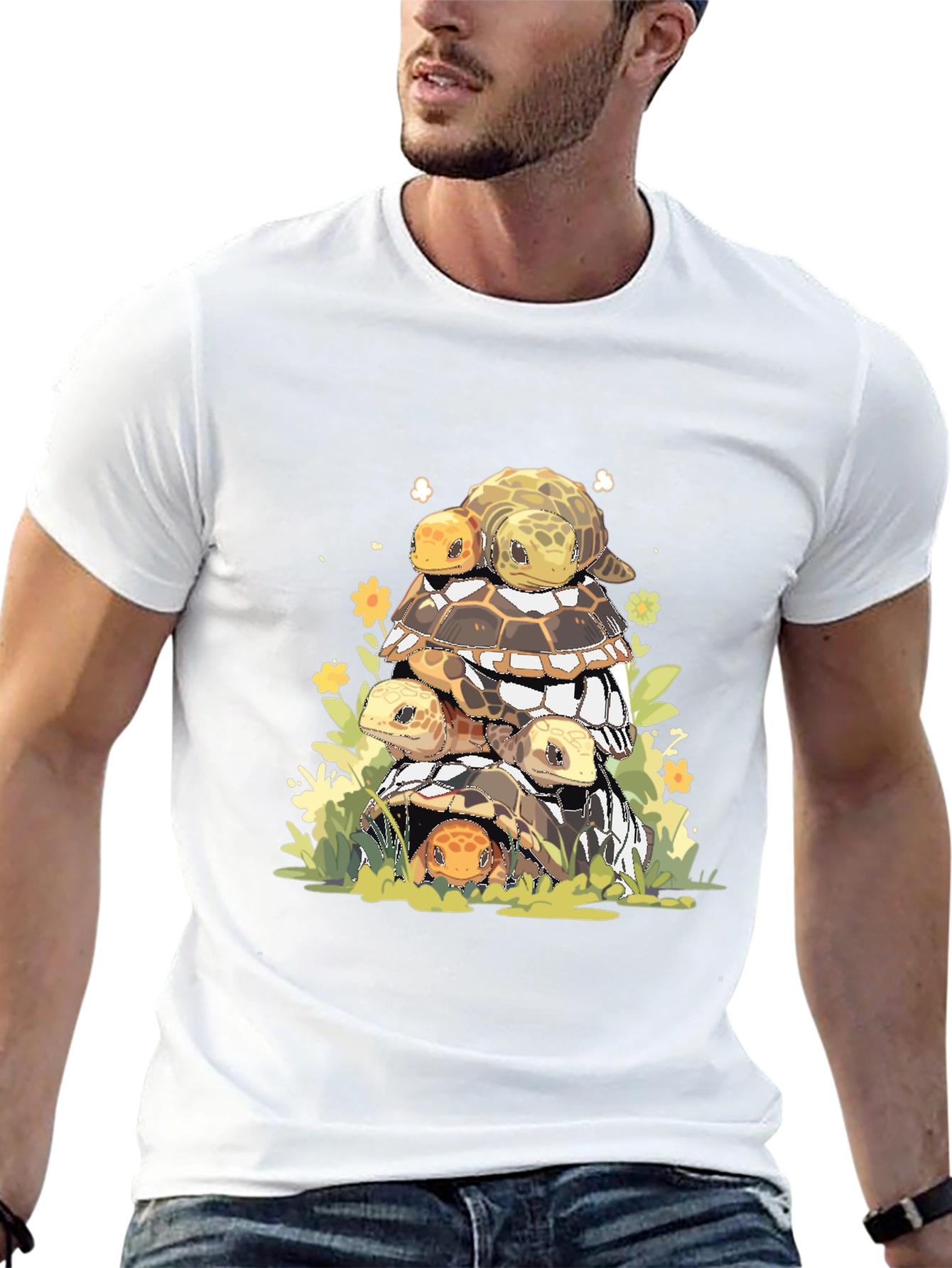 Stacked Turtles Graphic Tee - Black Cotton T-Shirt