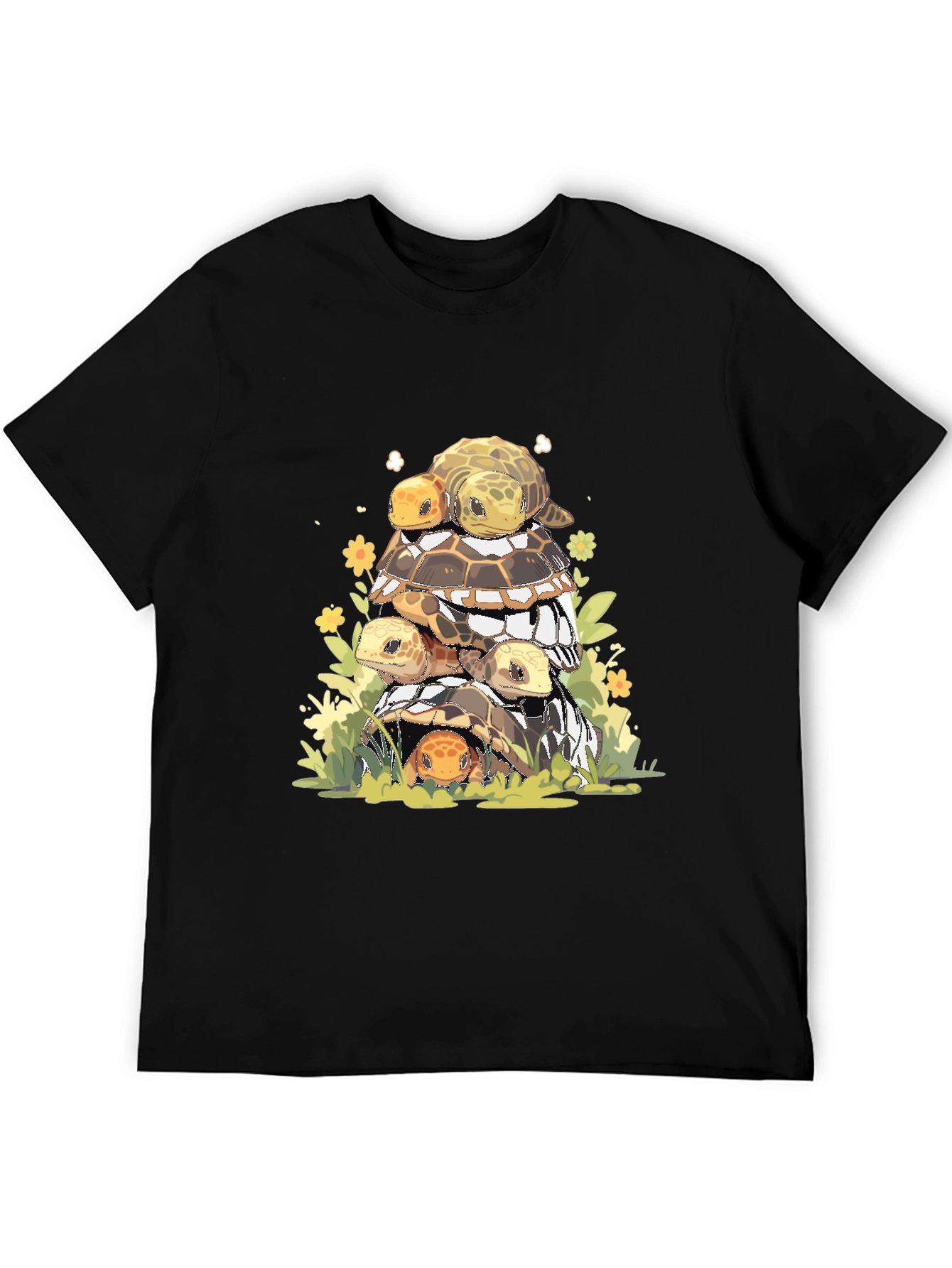 Stacked Turtles Graphic Tee - Black Cotton T-Shirt
