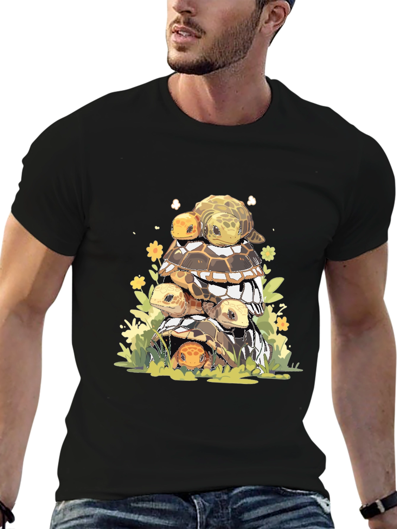 Stacked Turtles Graphic Tee - Black Cotton T-Shirt