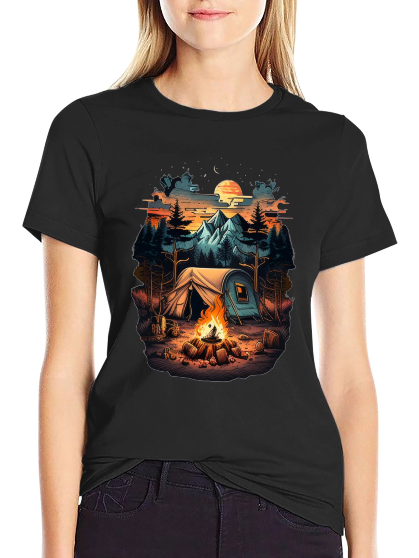Camping Scene Black Graphic Tee