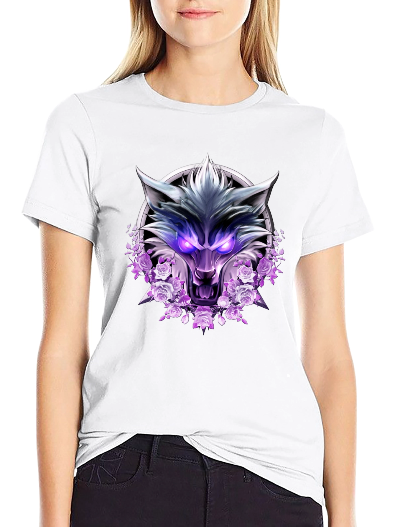 Wolf and Roses Graphic Print T-Shirt