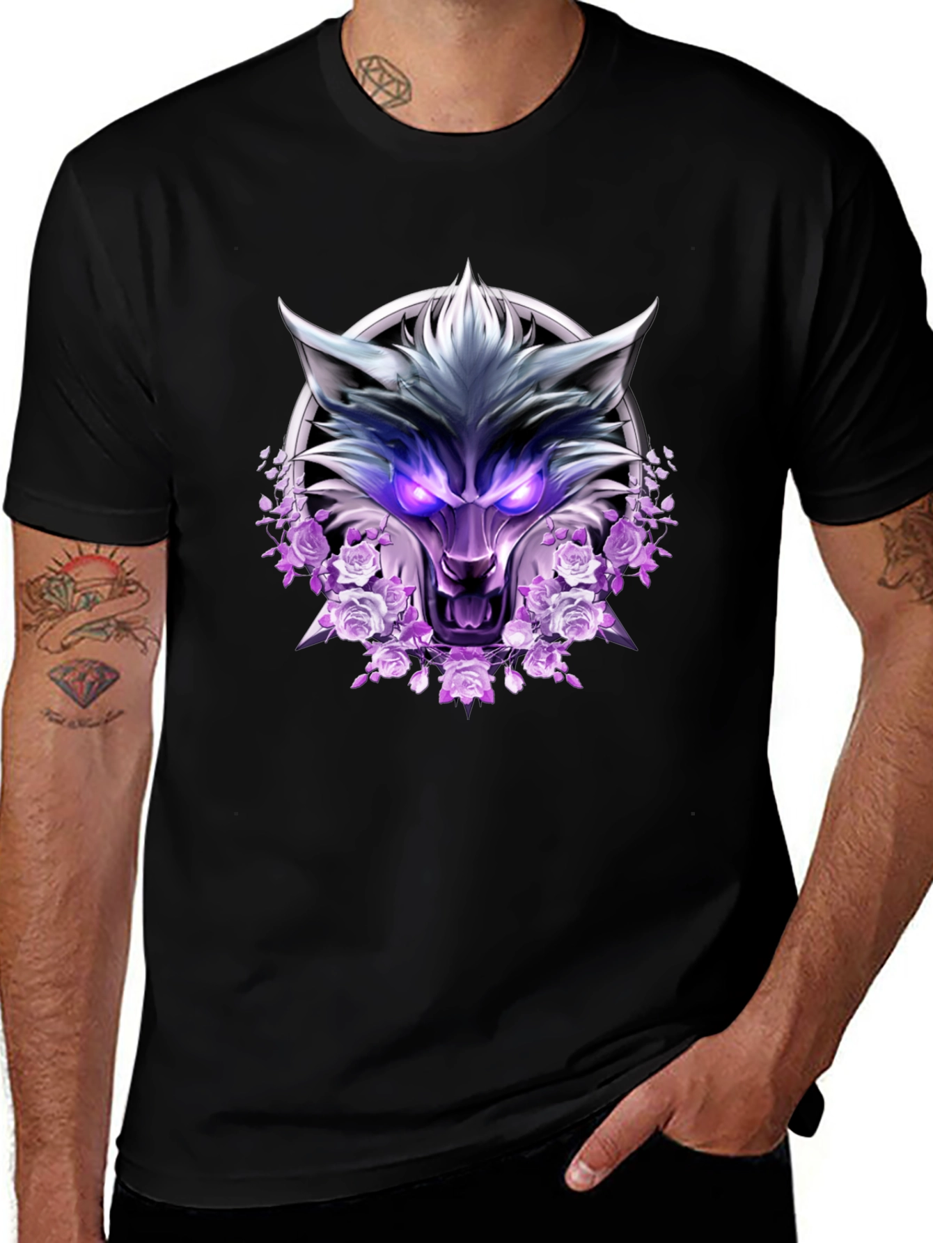 Wolf and Roses Graphic Print T-Shirt