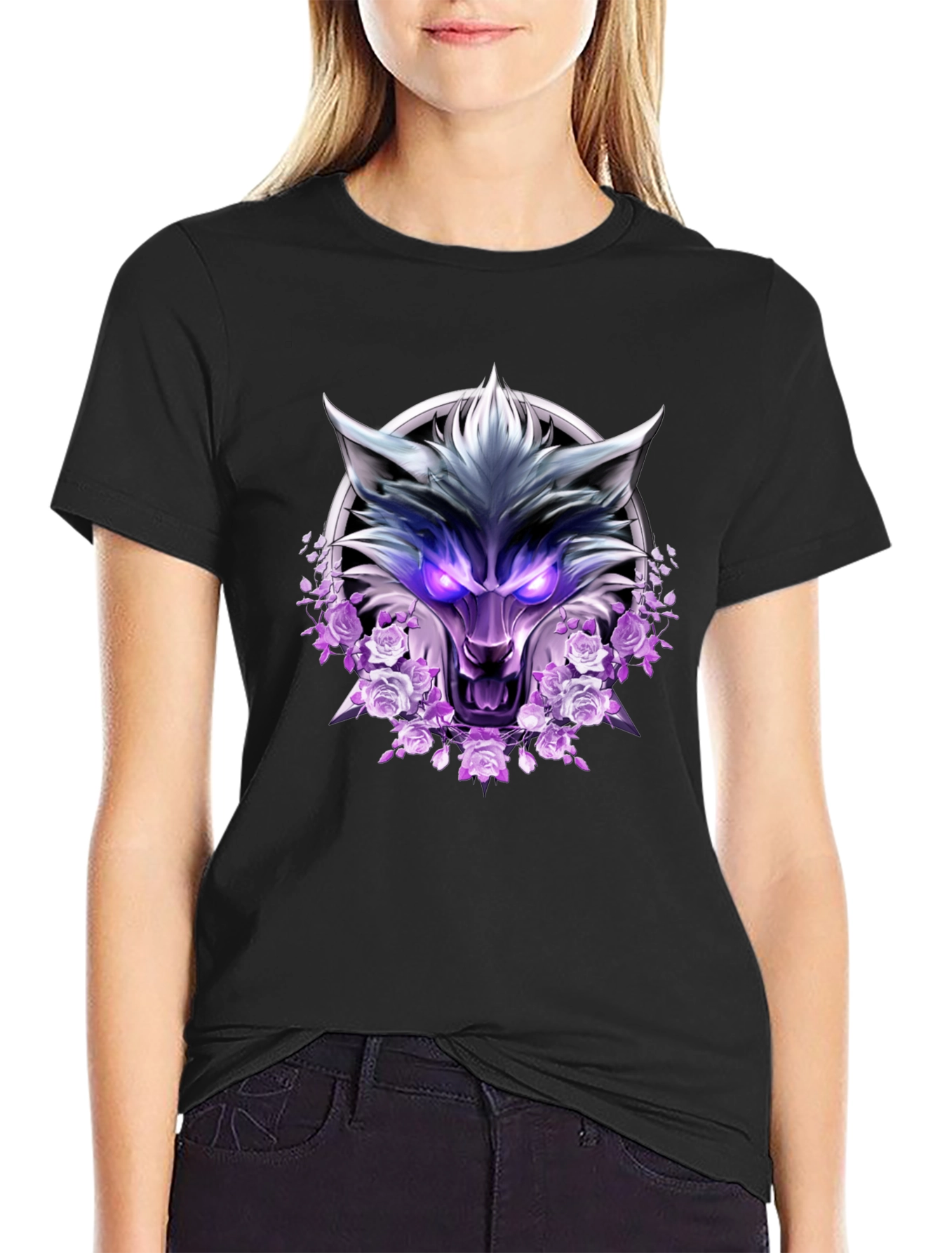 Wolf and Roses Graphic Print T-Shirt