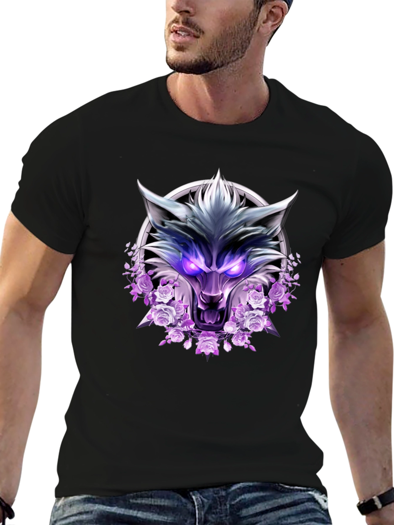Wolf and Roses Graphic Print T-Shirt