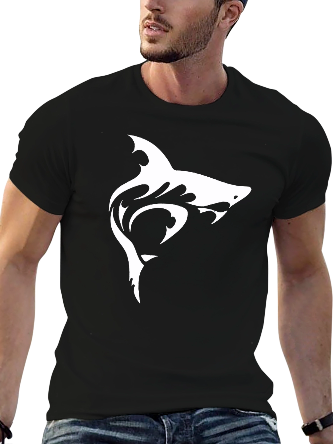 Shark Graphic Tee - Black Cotton Casual T-Shirt