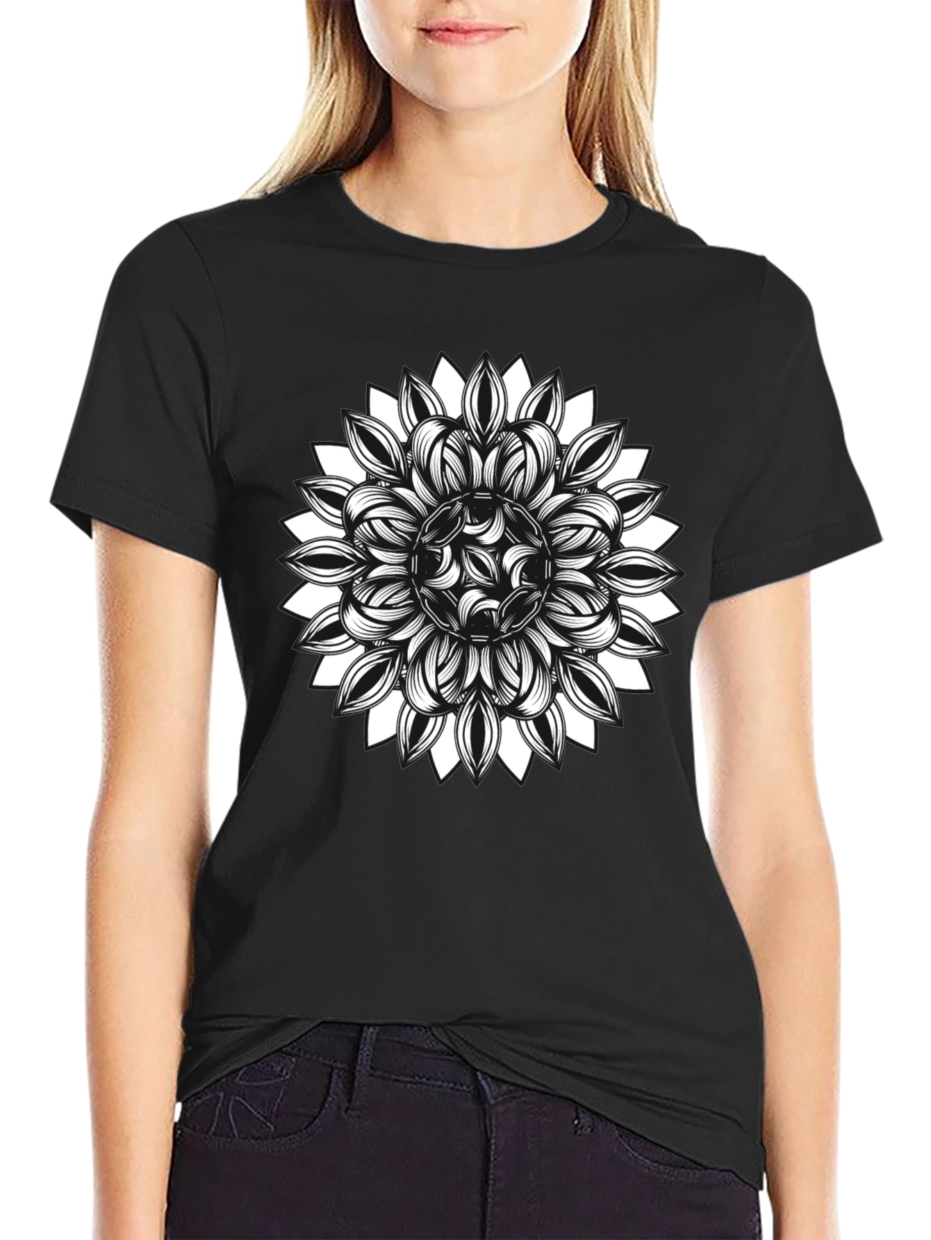 Black T-Shirt with Floral Mandala Graphic