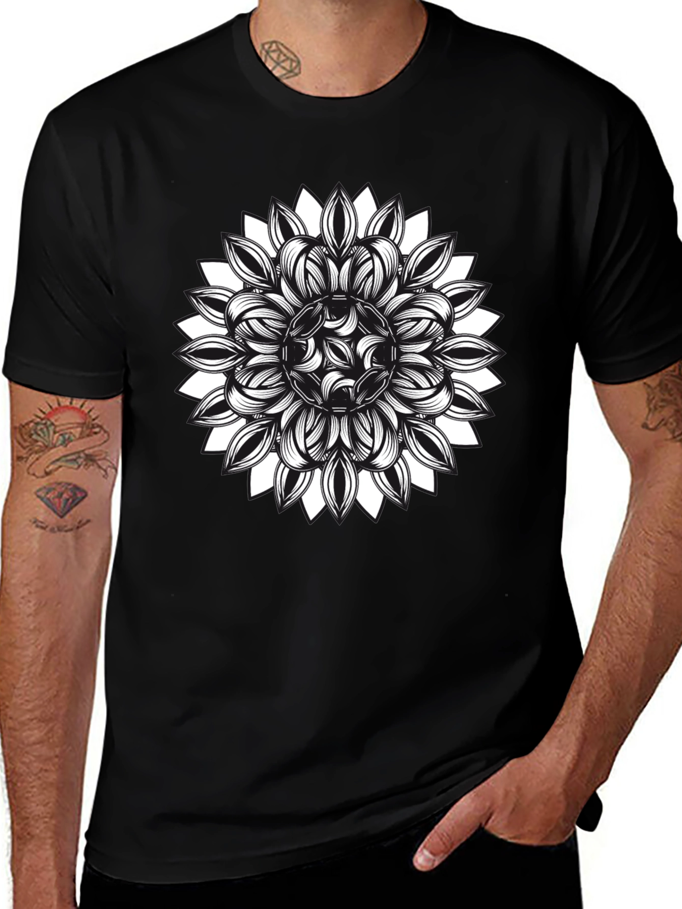 Black T-Shirt with Floral Mandala Graphic