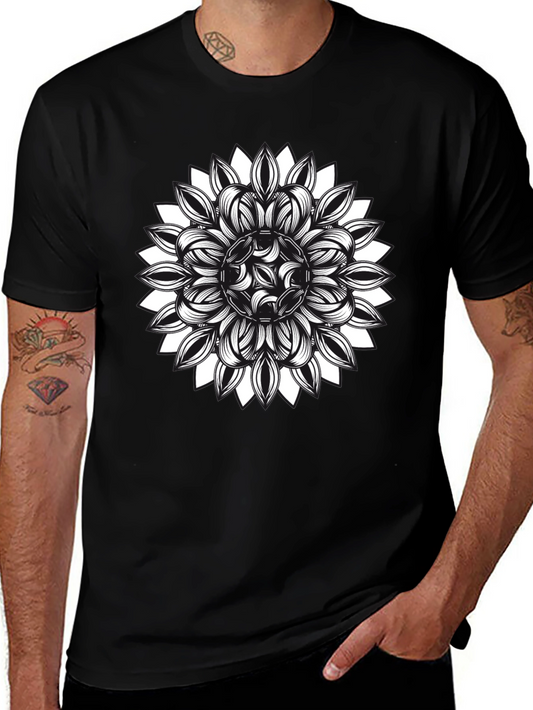 Black T-Shirt with Floral Mandala Graphic