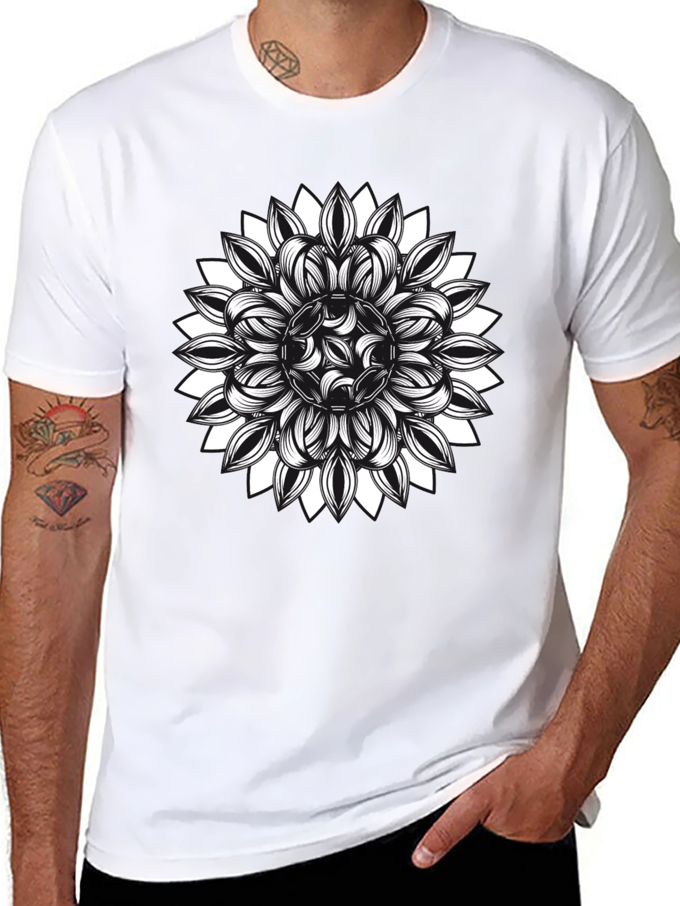 Black T-Shirt with Floral Mandala Graphic
