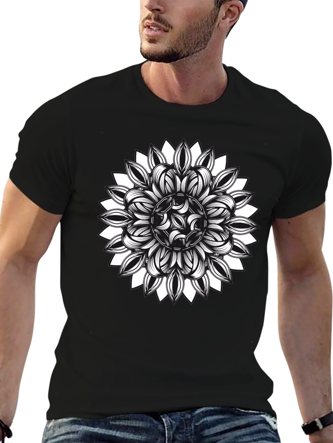 Black T-Shirt with Floral Mandala Graphic
