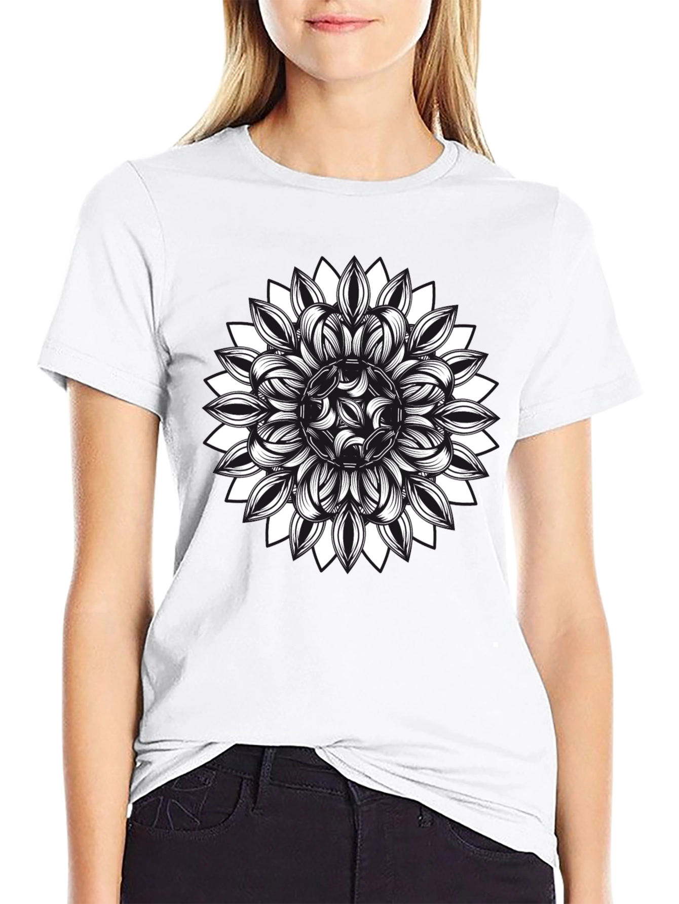 Black T-Shirt with Floral Mandala Graphic
