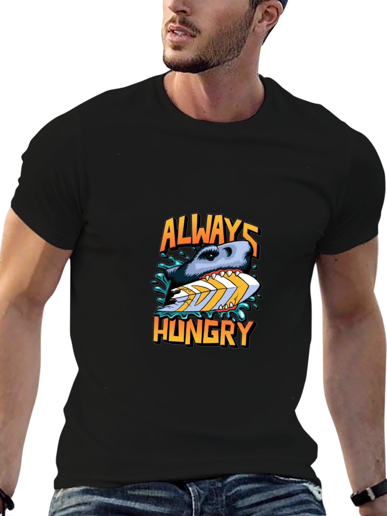 Always Hungry Shark Graphic Black T-Shirt