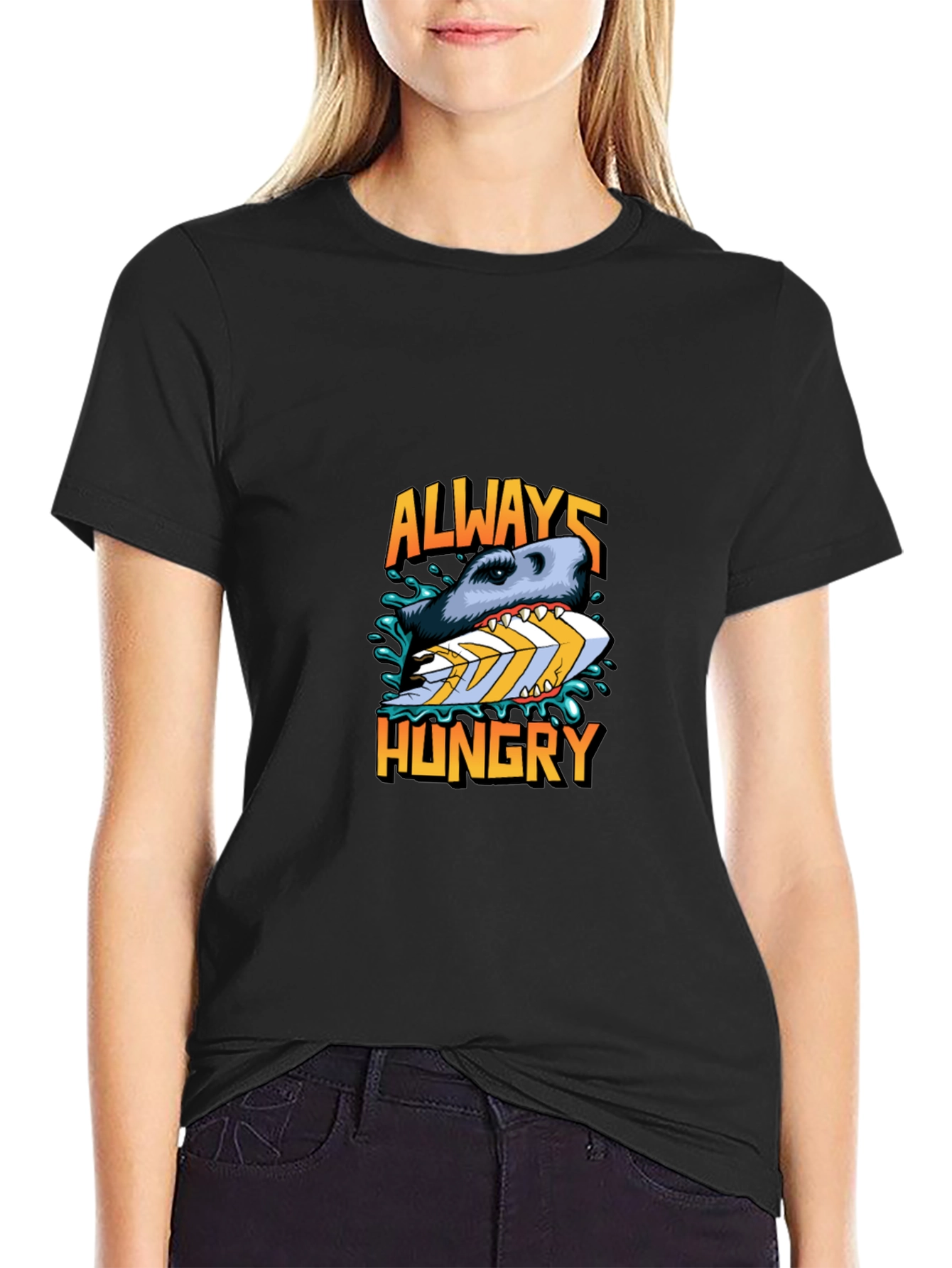 Always Hungry Shark Graphic Black T-Shirt