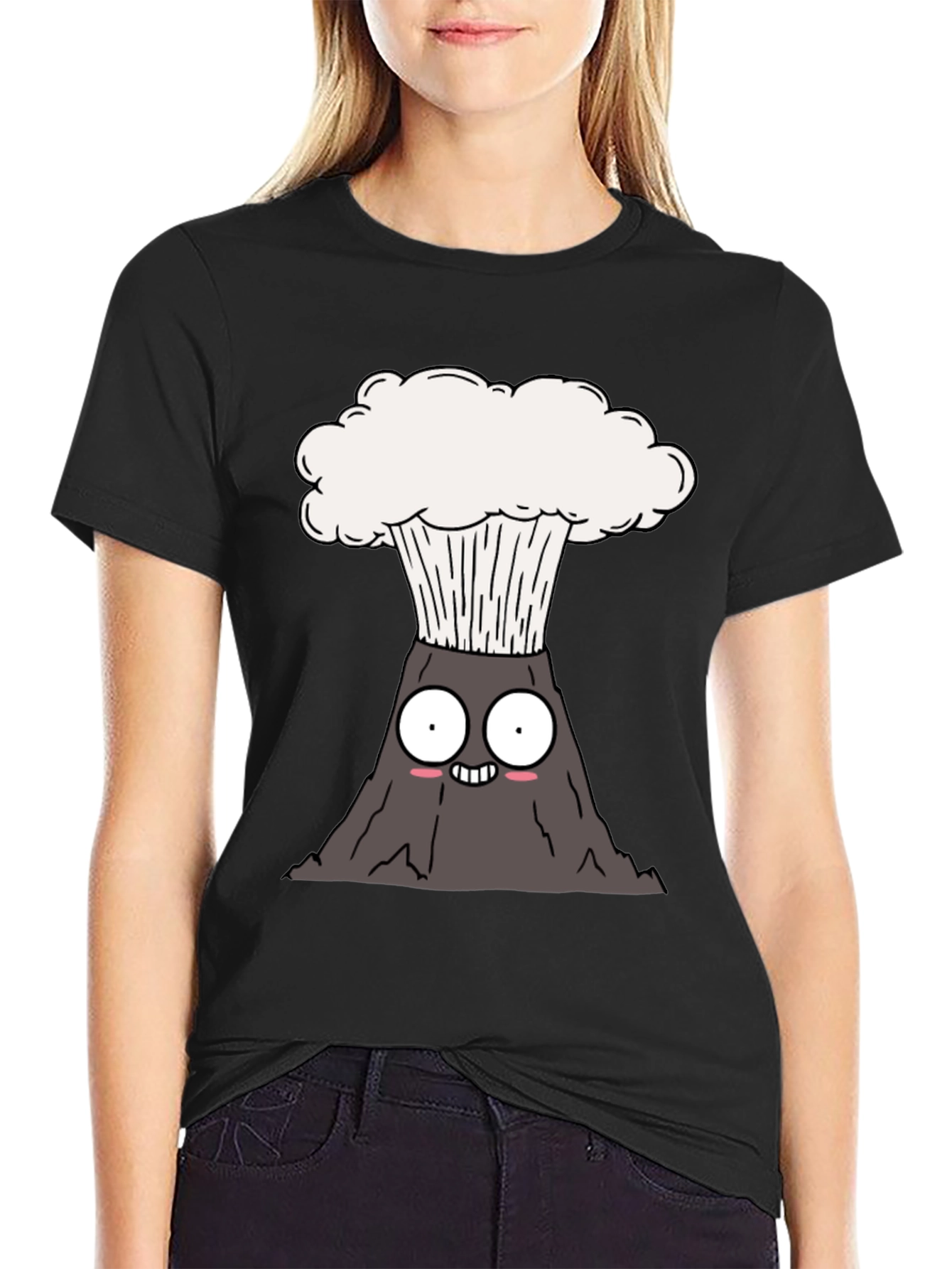 Cute Cartoon Volcano Black T-Shirt