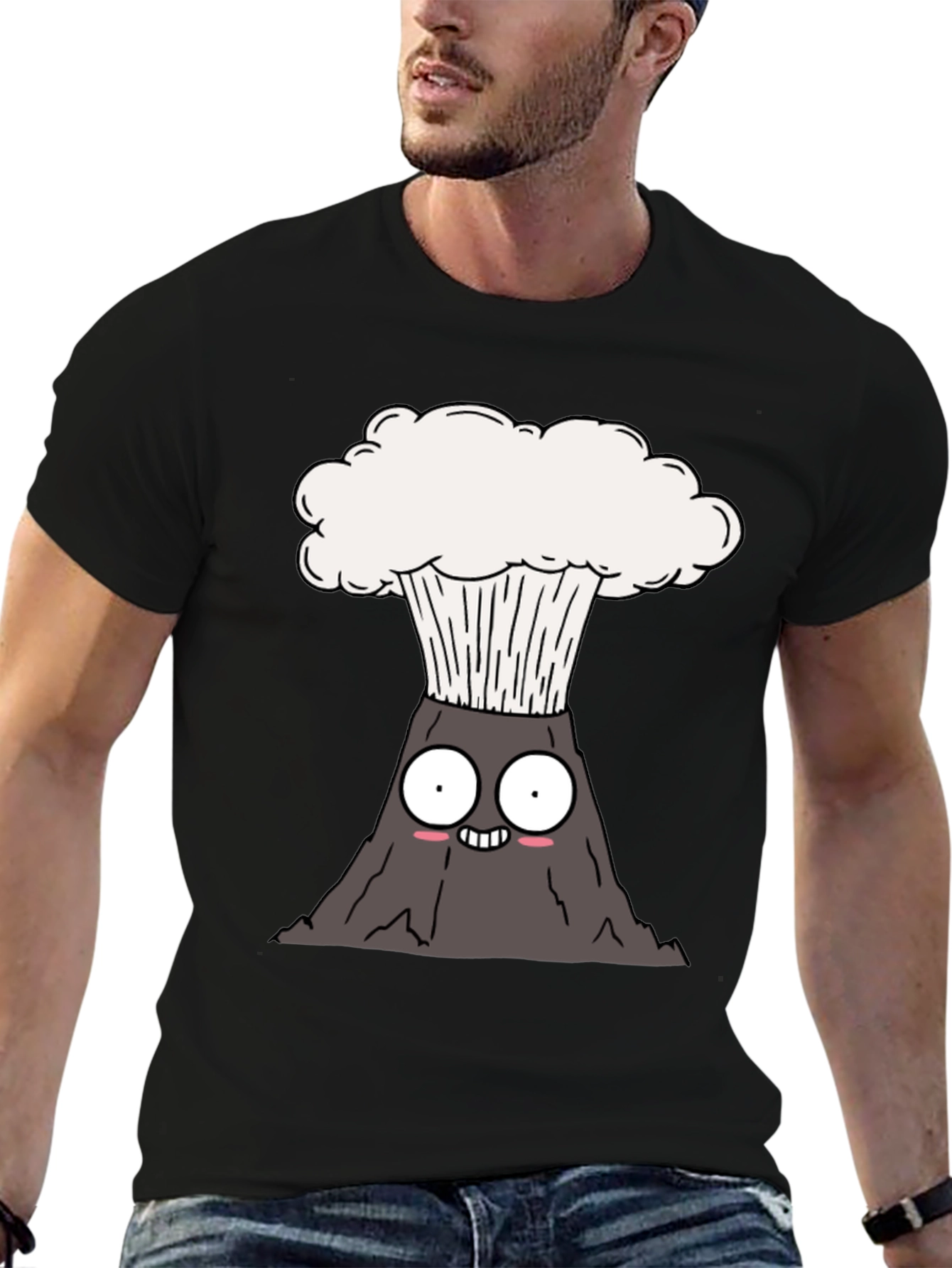 Cute Cartoon Volcano Black T-Shirt